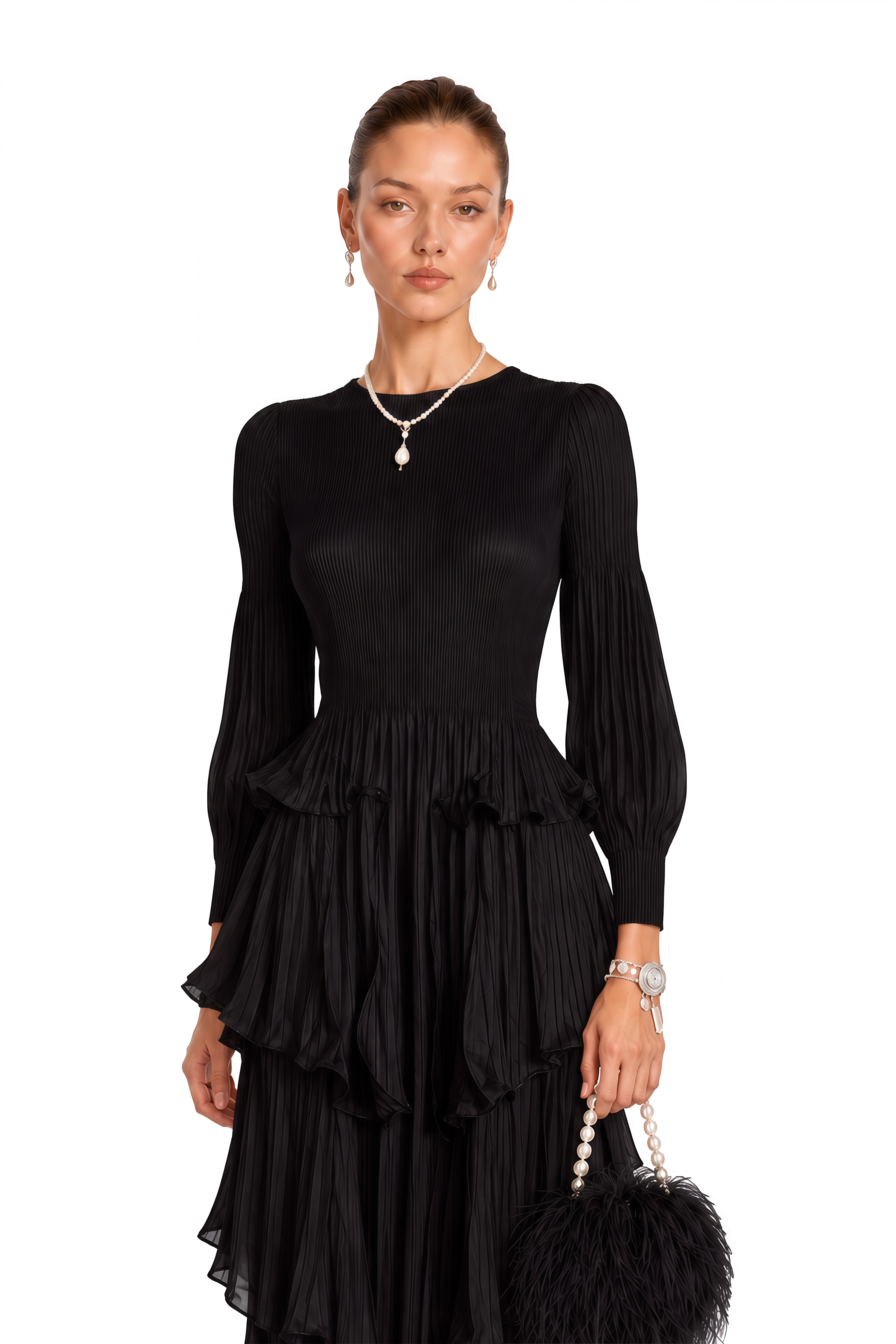 Brianna Black Tiered Pleated Midi Dress