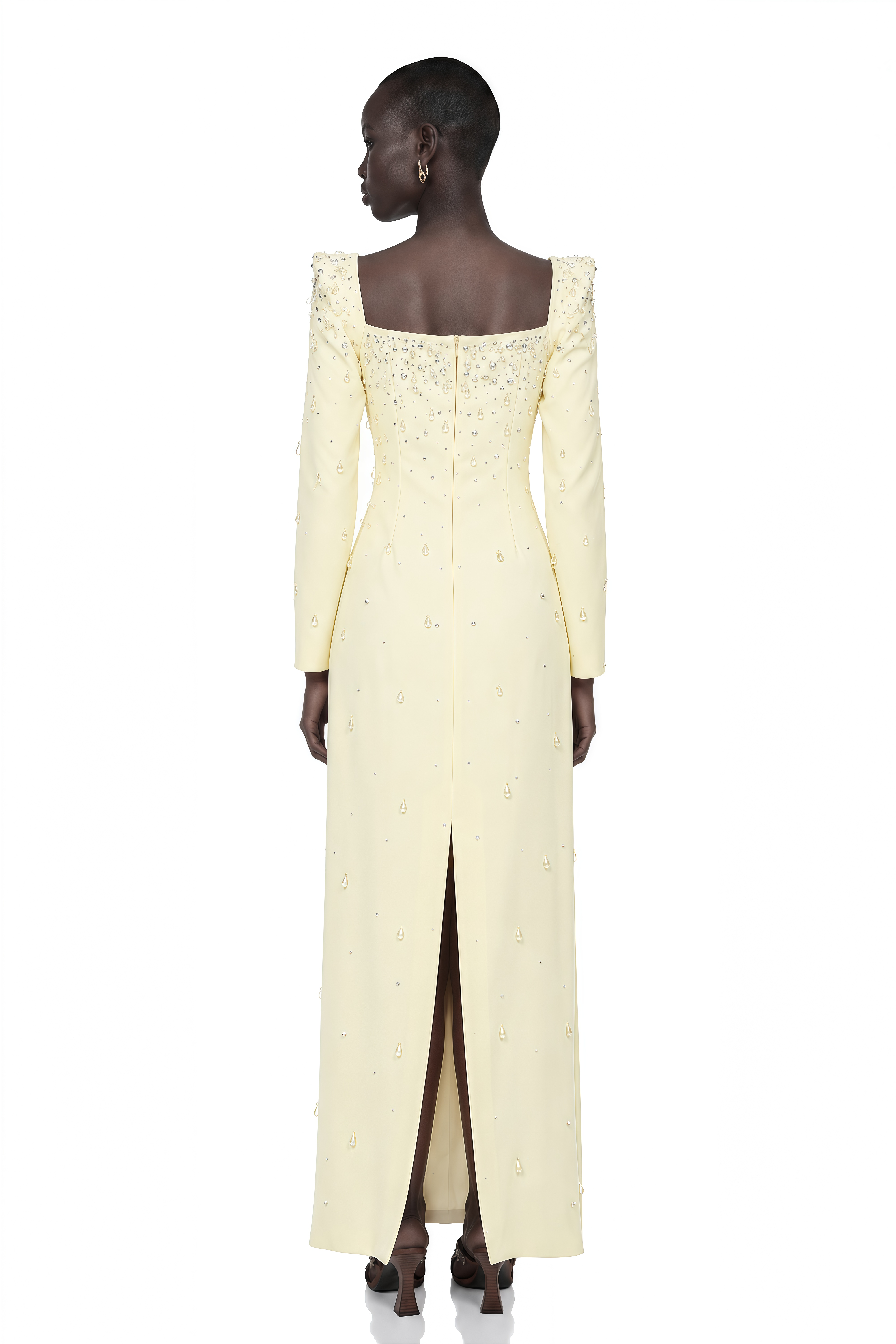 Carmela Yellow Square Neck Embellished Maxi Dress