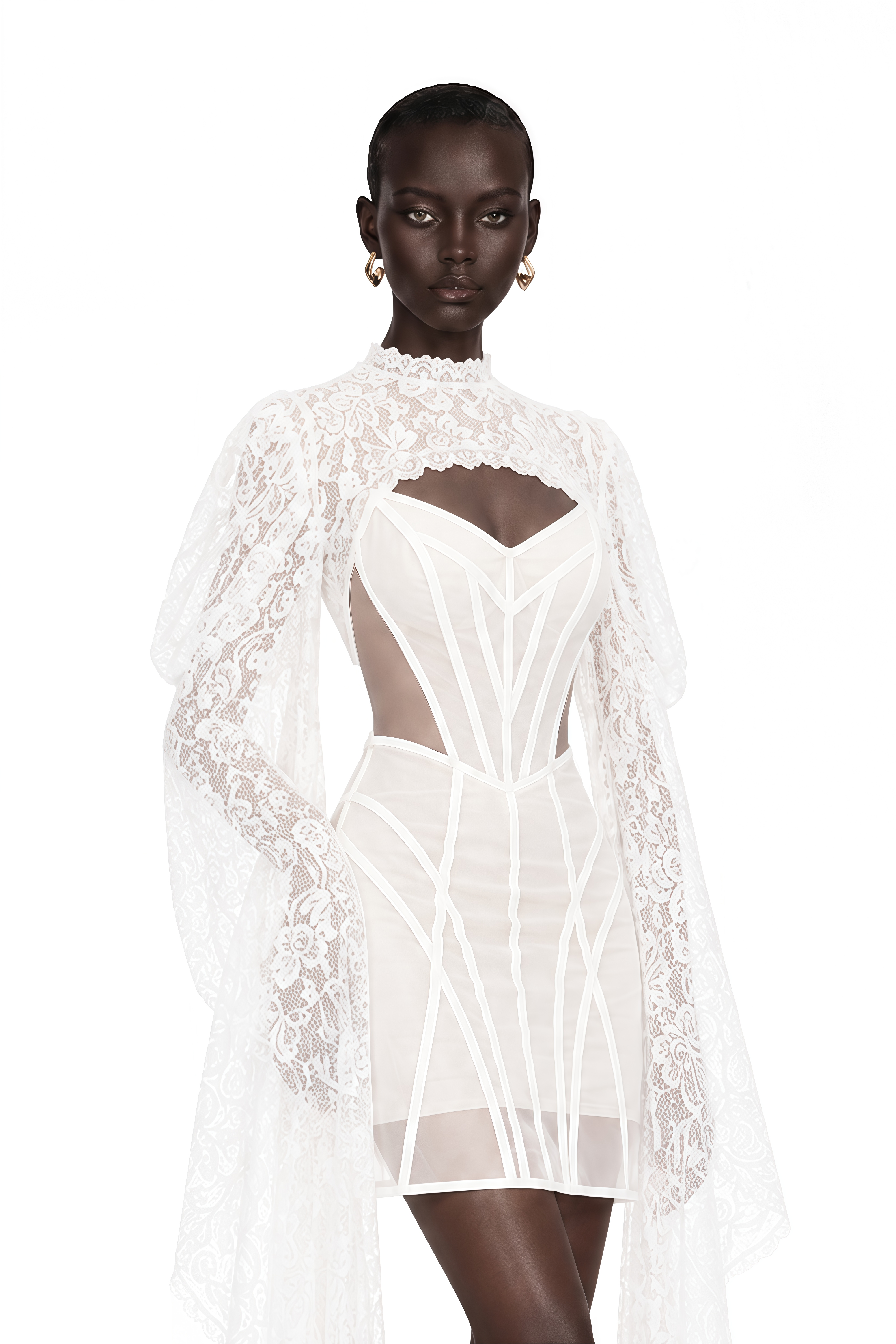 Ilaria White Lace Shrug & Linear Organza Dress Set