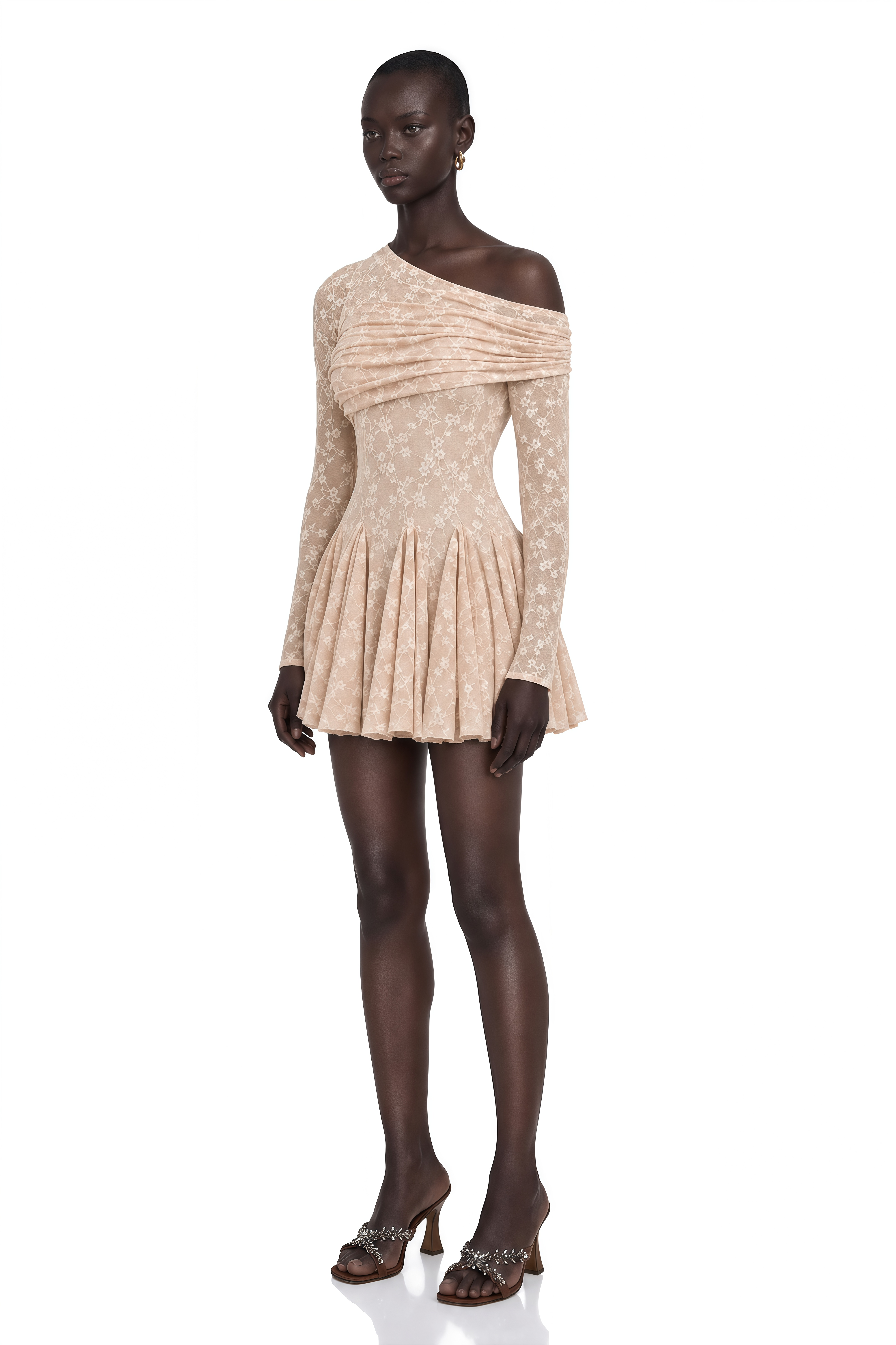 Rosalie Neutral One Shoulder Pleated Mini Dress