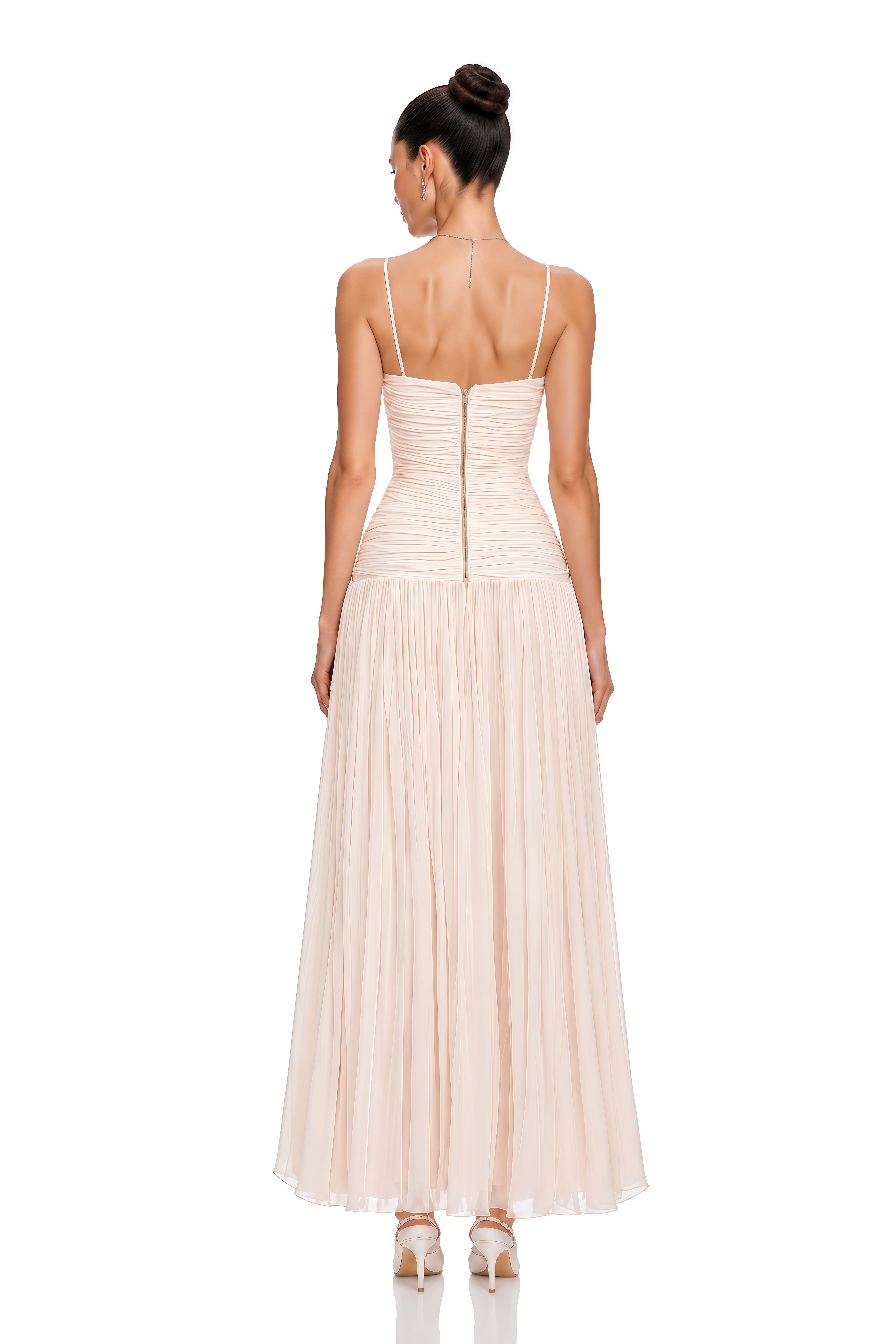 Brigitte Cream White Ruched Maxi Dress with Lace Panels