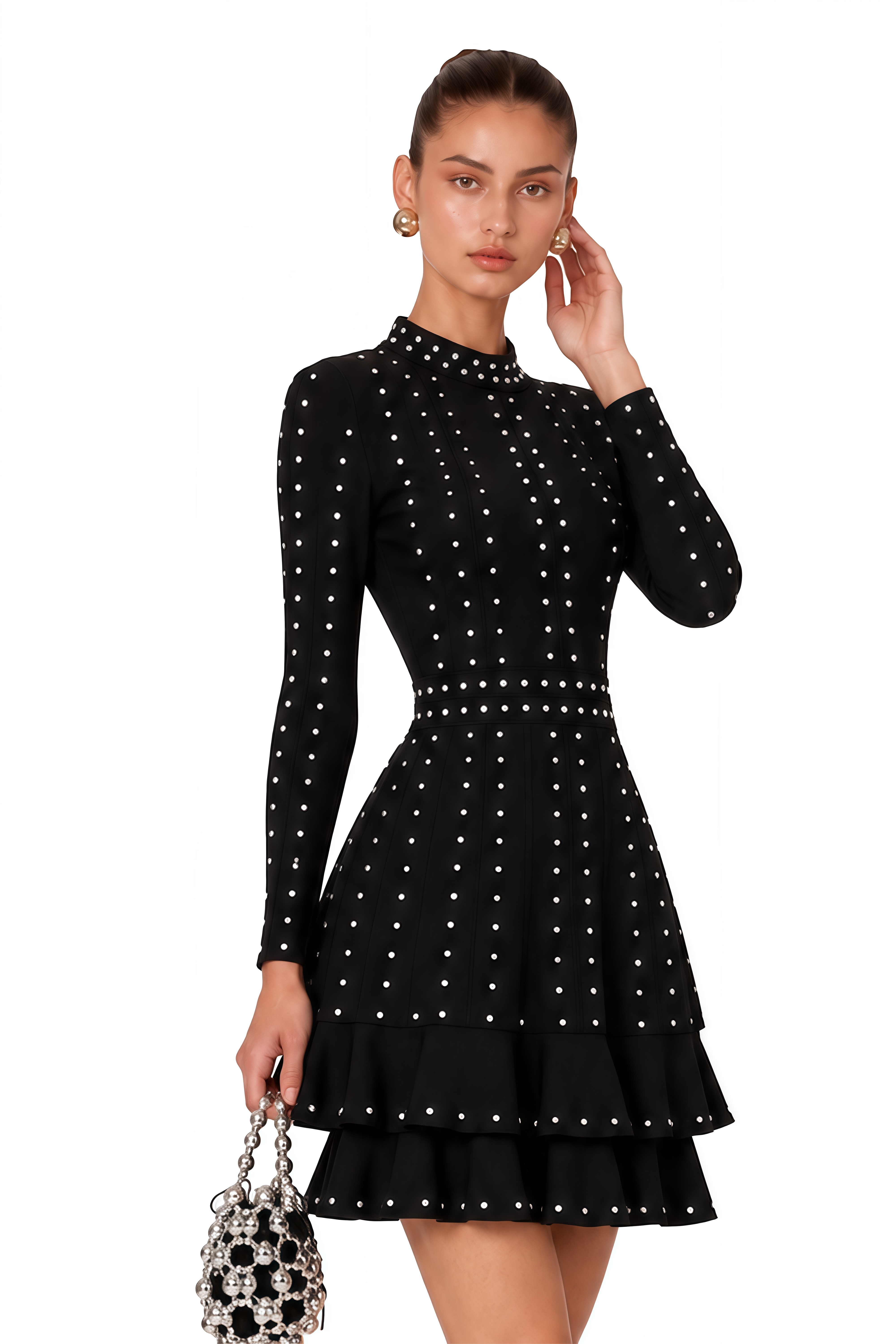Fabienne Black Embellished Ruffled Knitted Mini Dress