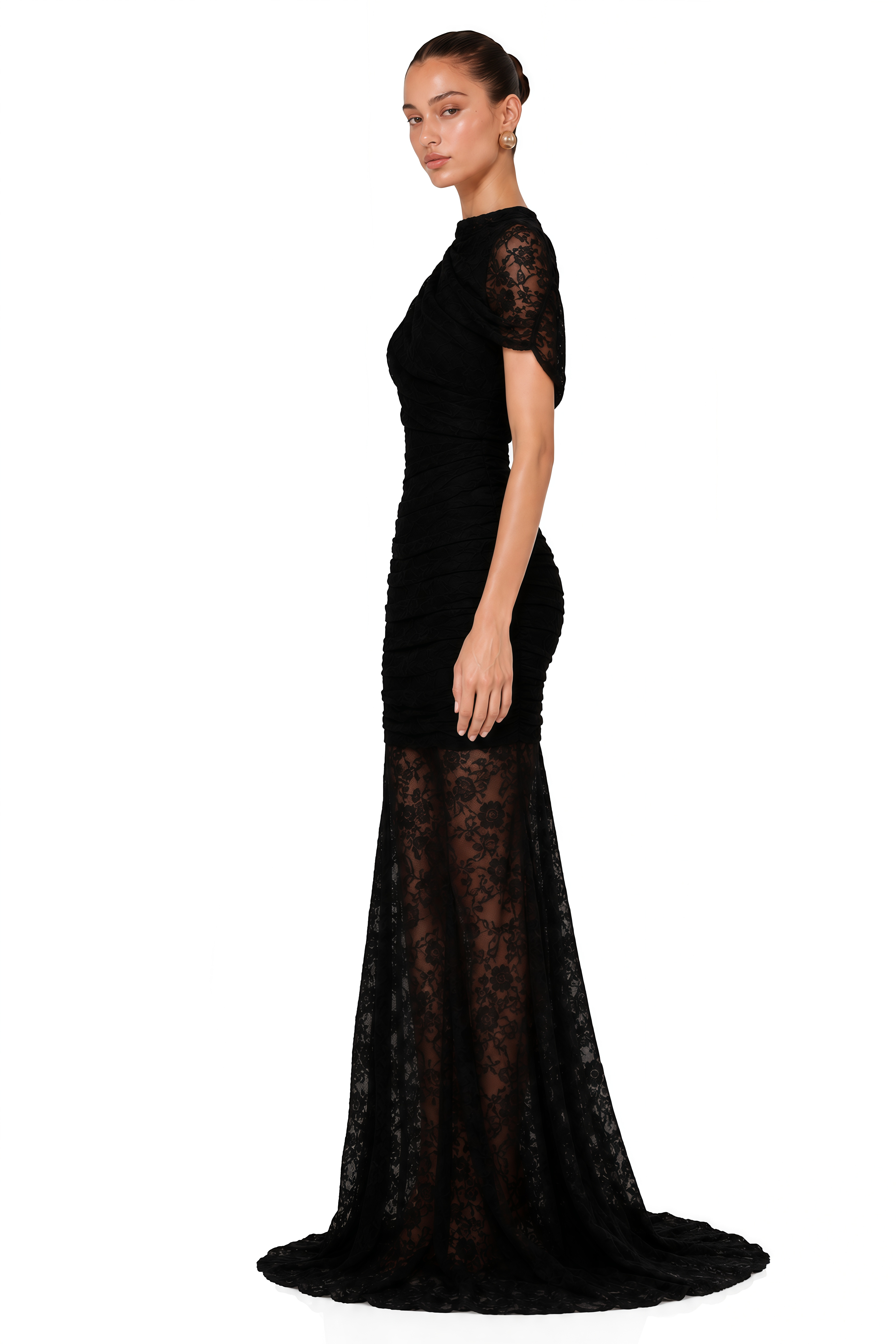 Sylphe Black Asymmetrical Ruched Lace Maxi Dress