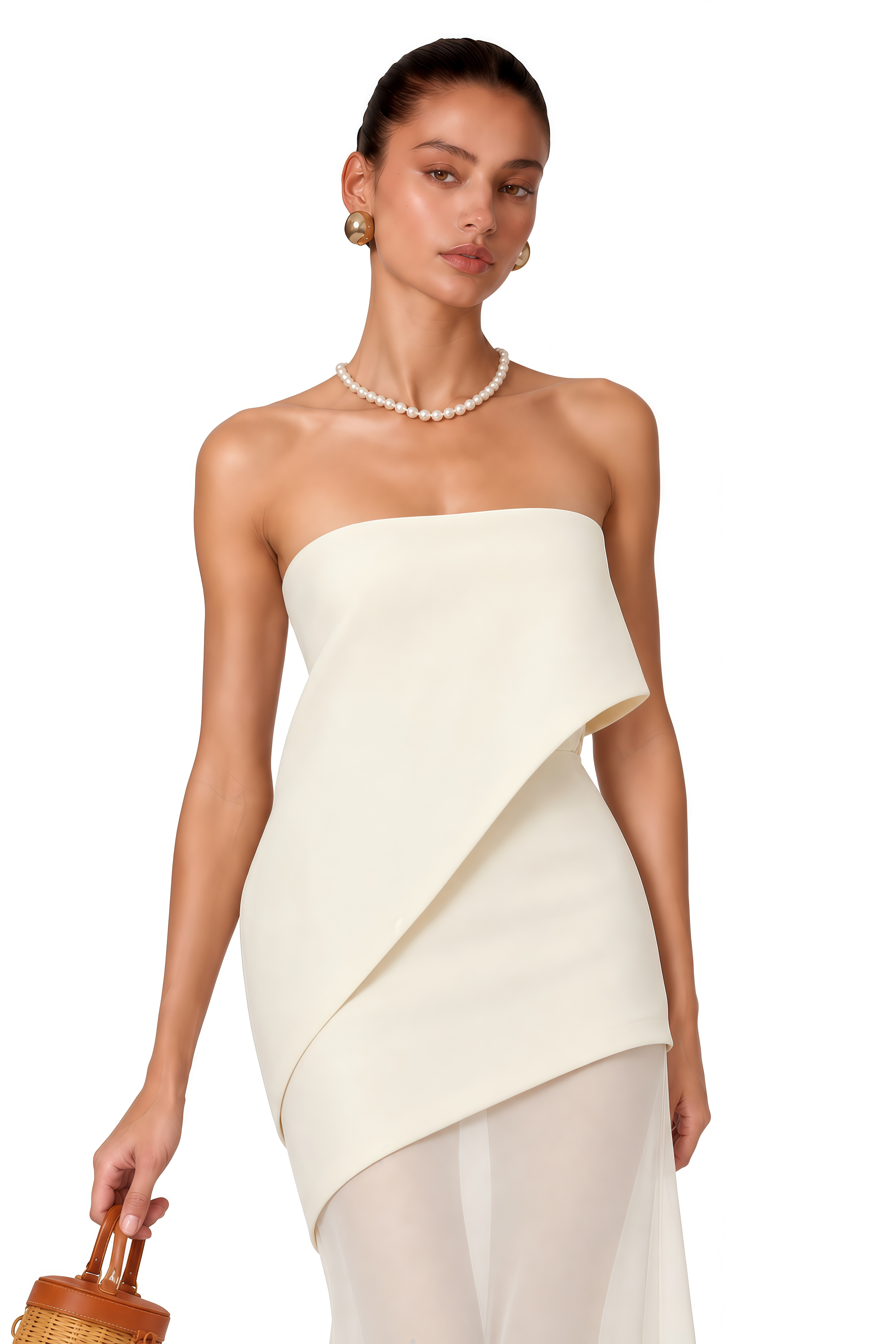 Idalina Ivory White Asymmetrical Mesh Maxi Dress