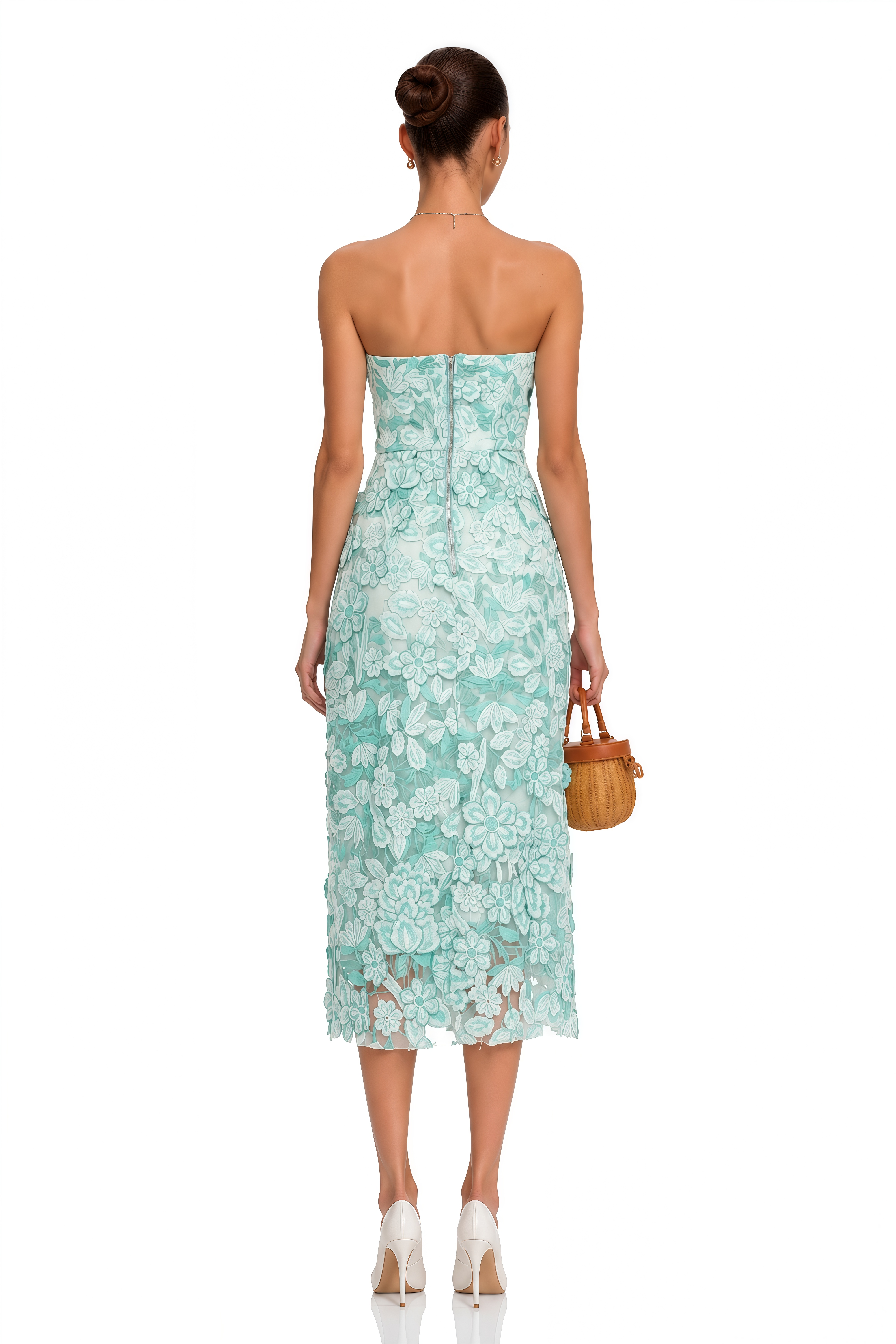 Duygu Green Off Shoulder Midi Dress with 3D Florals