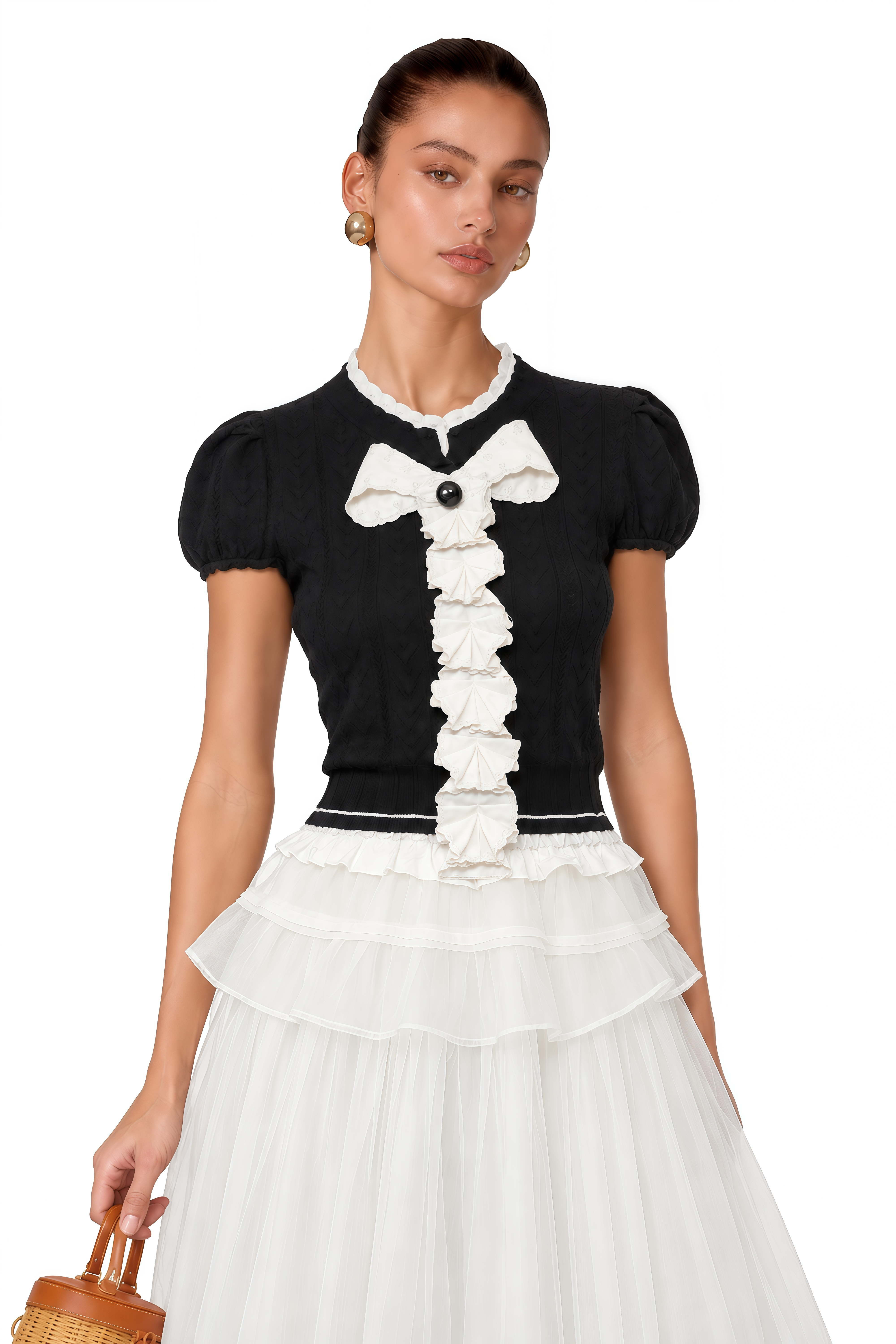 Scarlett Black Ruffled Knit Top with Bow & Skirt Set