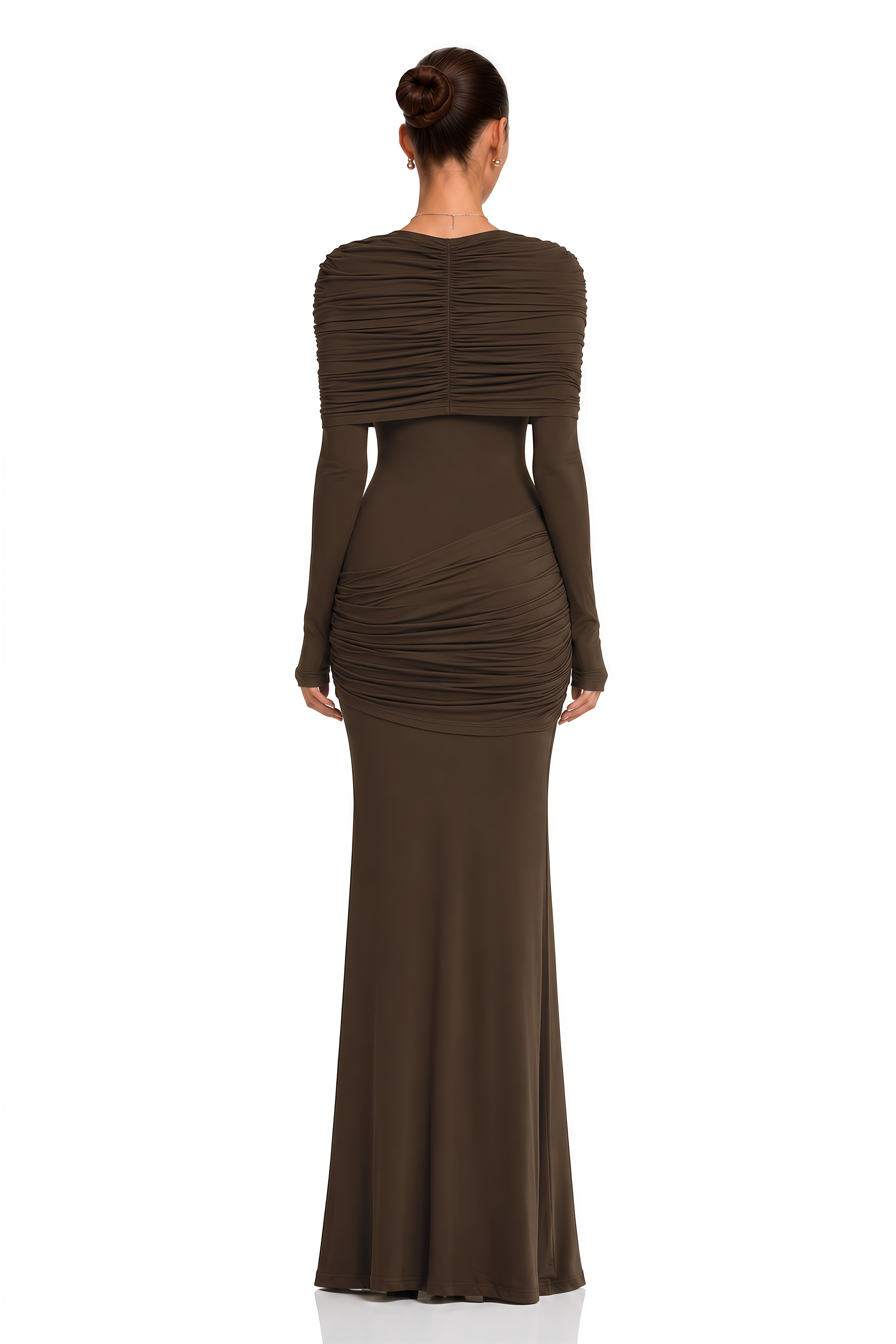 Éléna Brown Cape Design Ruched Maxi Dress