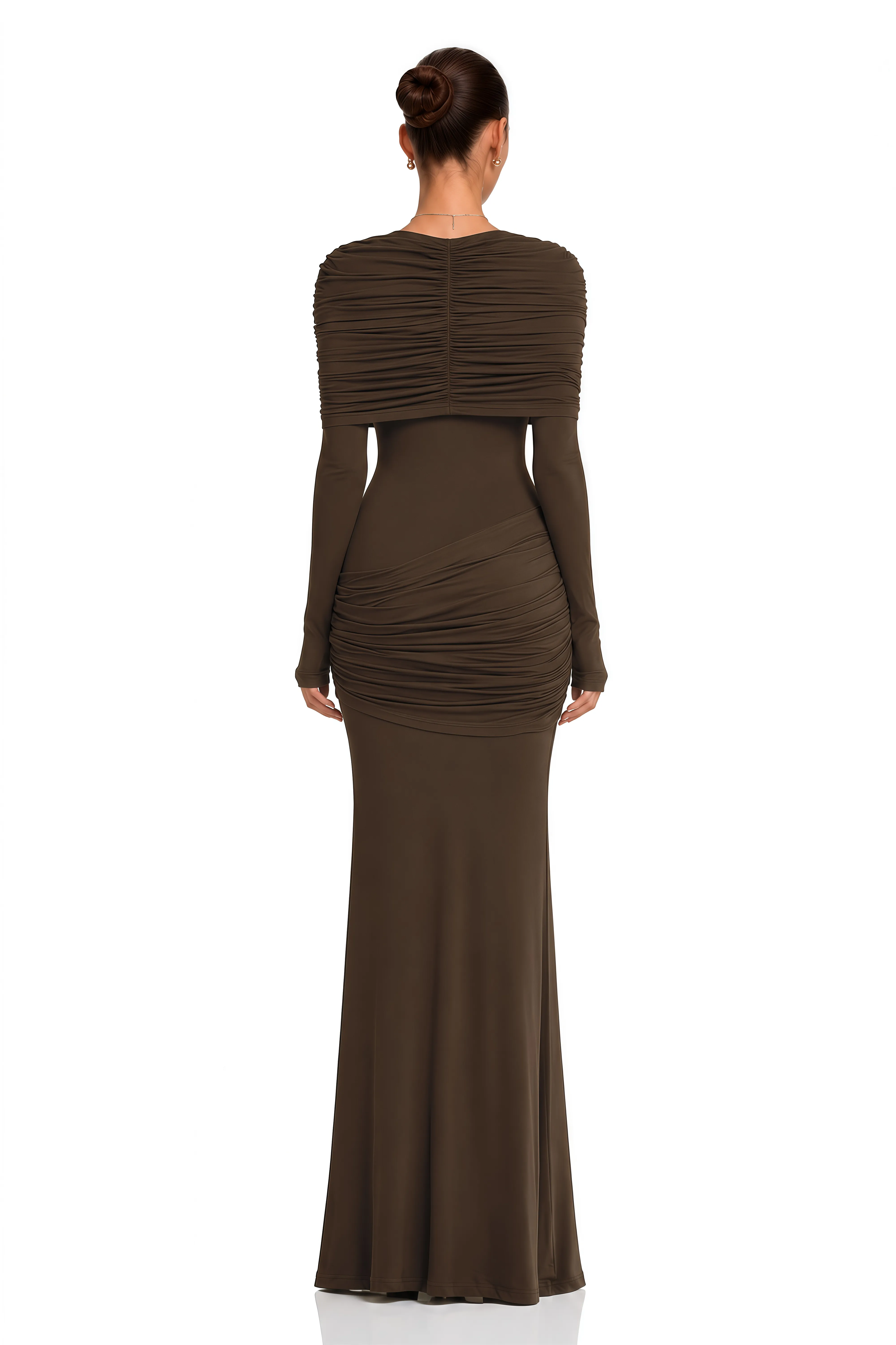 Éléna Brown Cape Design Ruched Maxi Dress