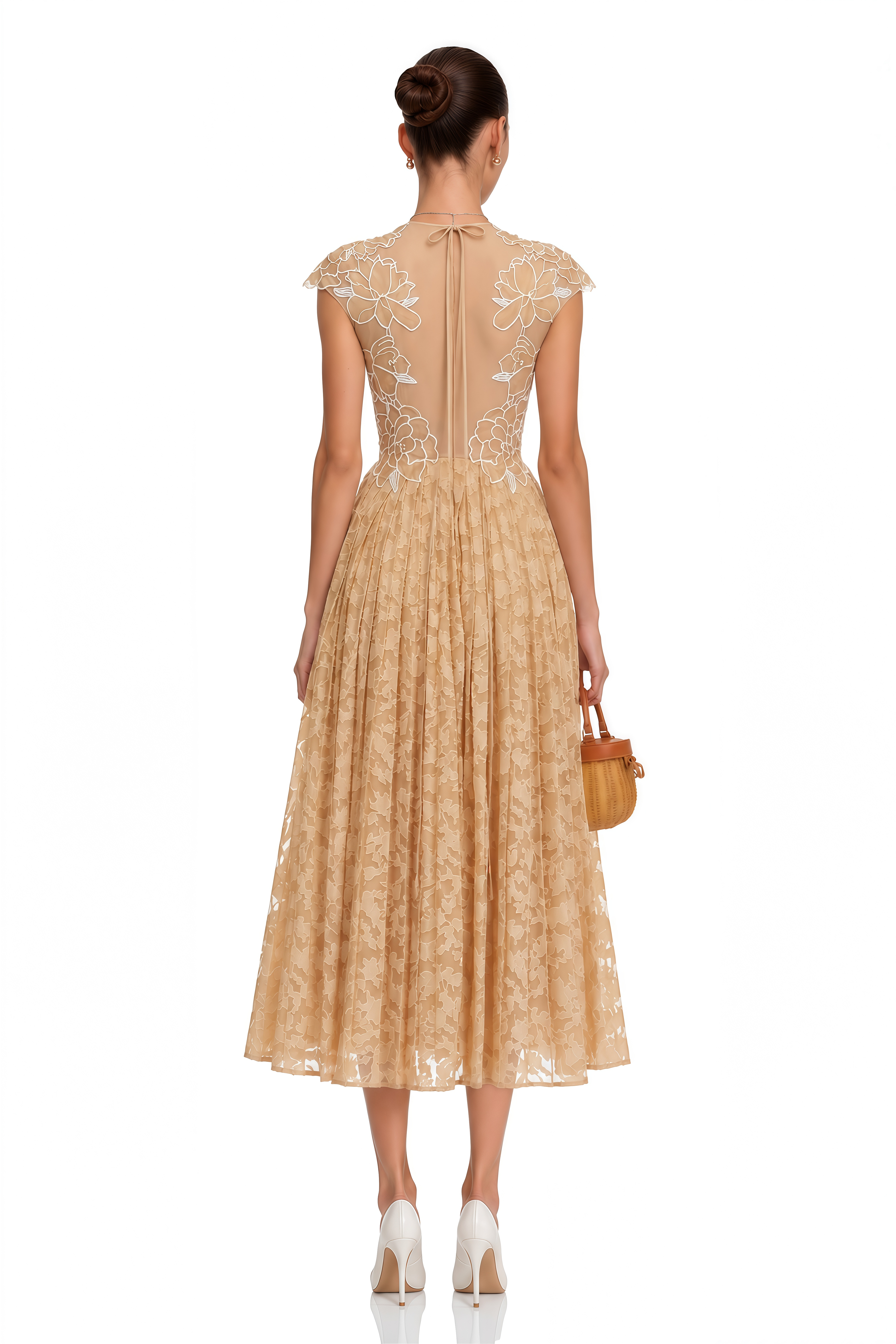 Vonda Neutral Floral Lace Pleated Midi Dress