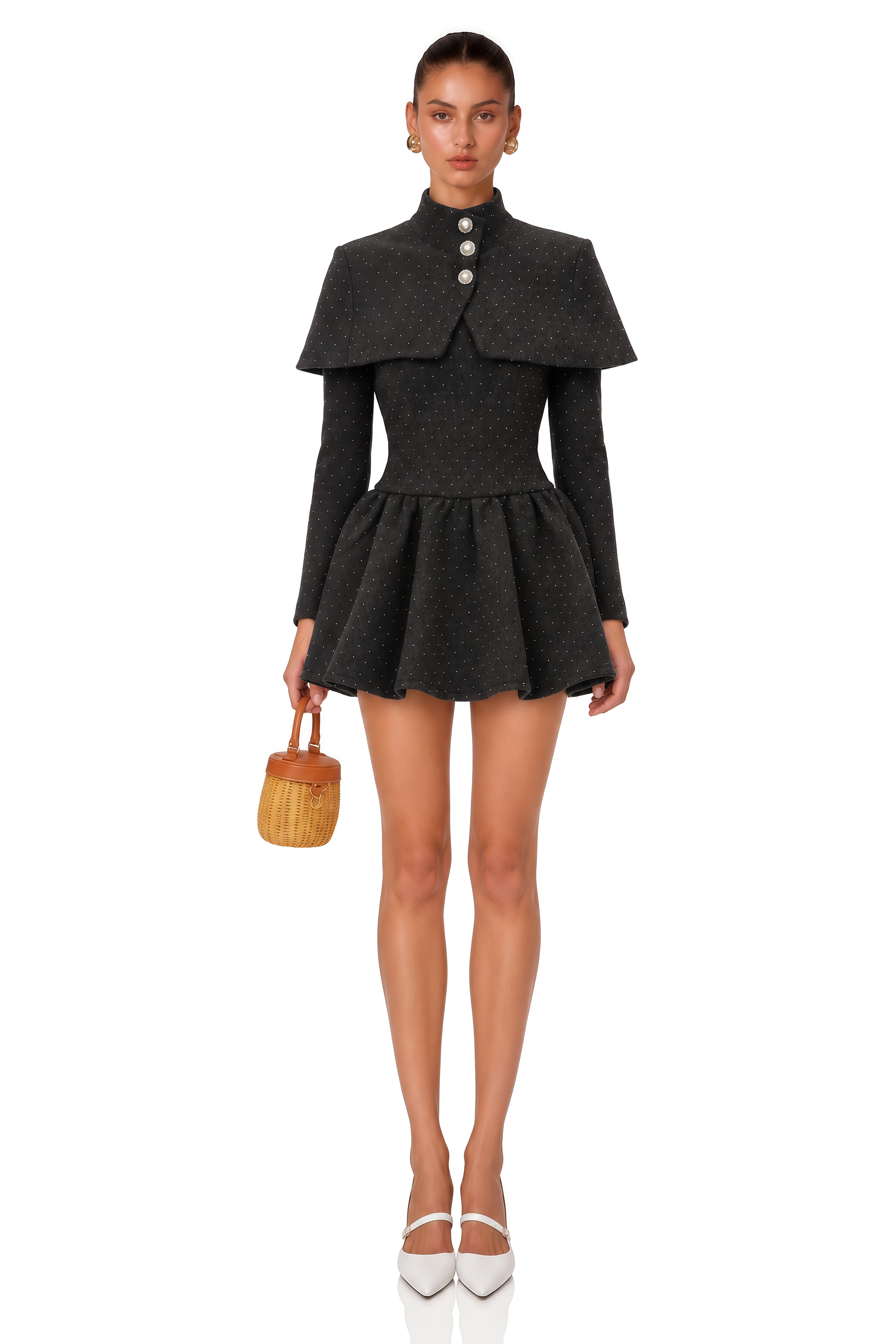 Indira Grey Polka Dot Woolen Cape & Dress Set