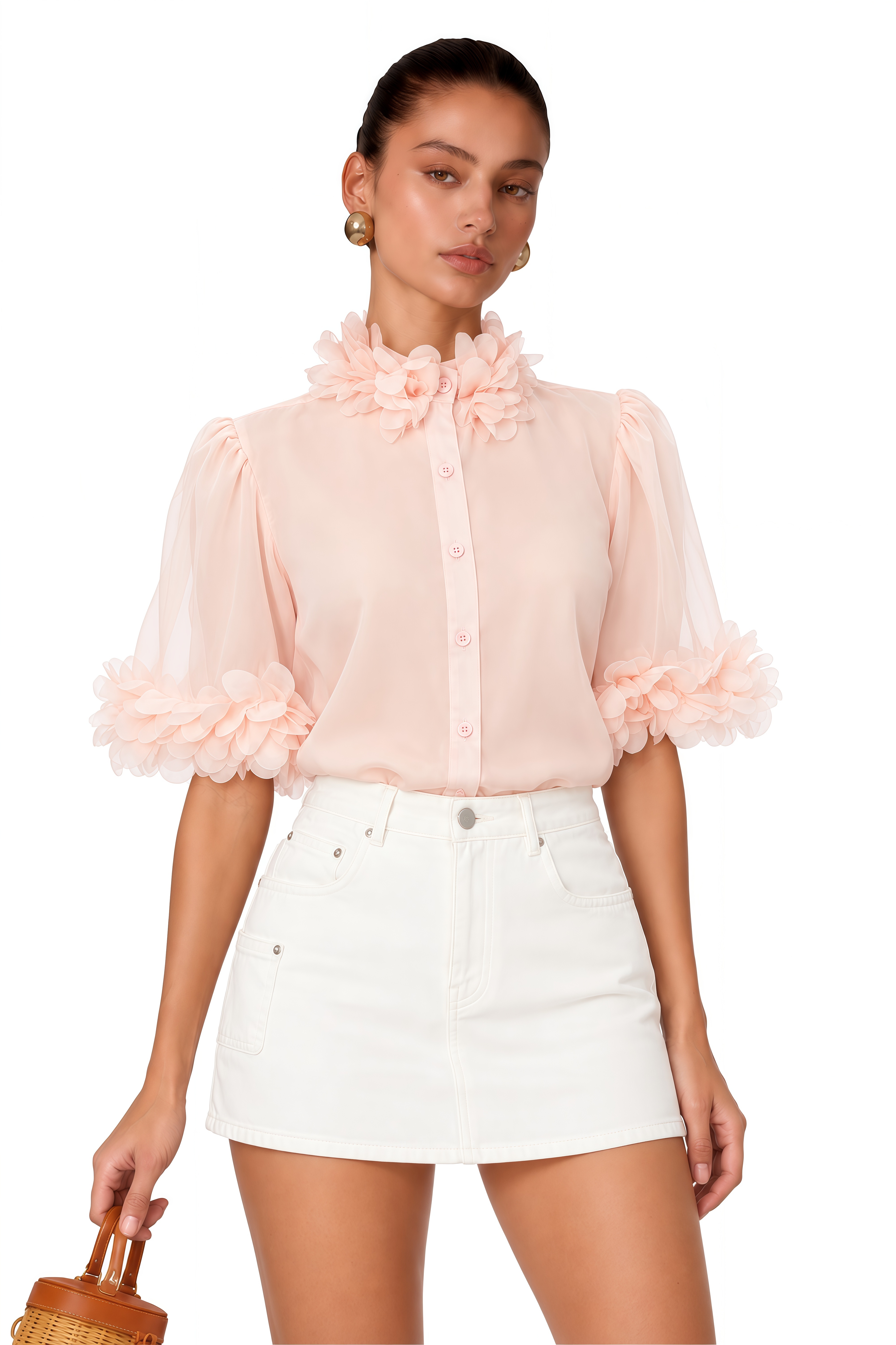 Hattie Pink Short Sleeve Blouse with 3D Florals