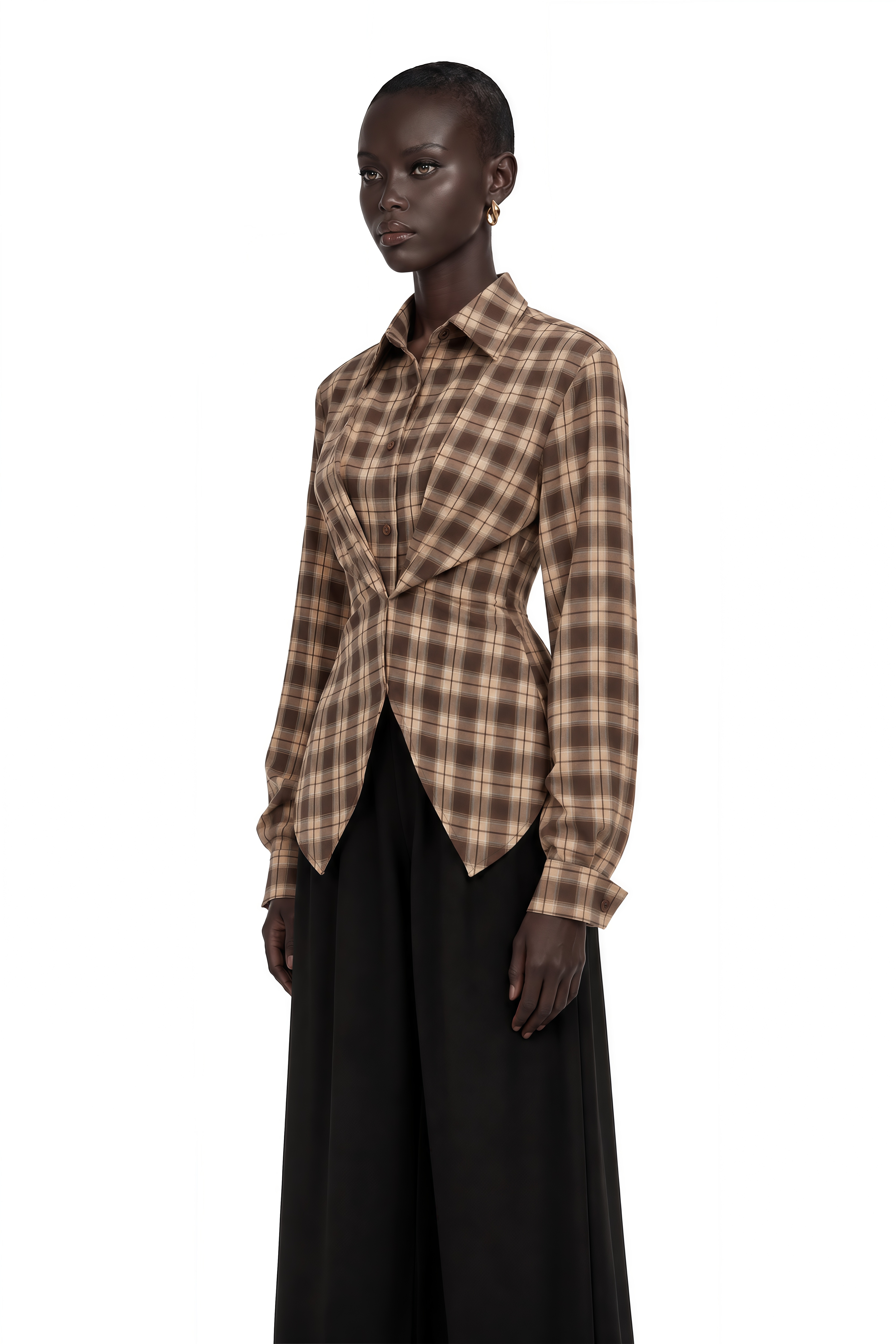 Amber Reddish-Brown Plaid Tailored Cutout Blouse