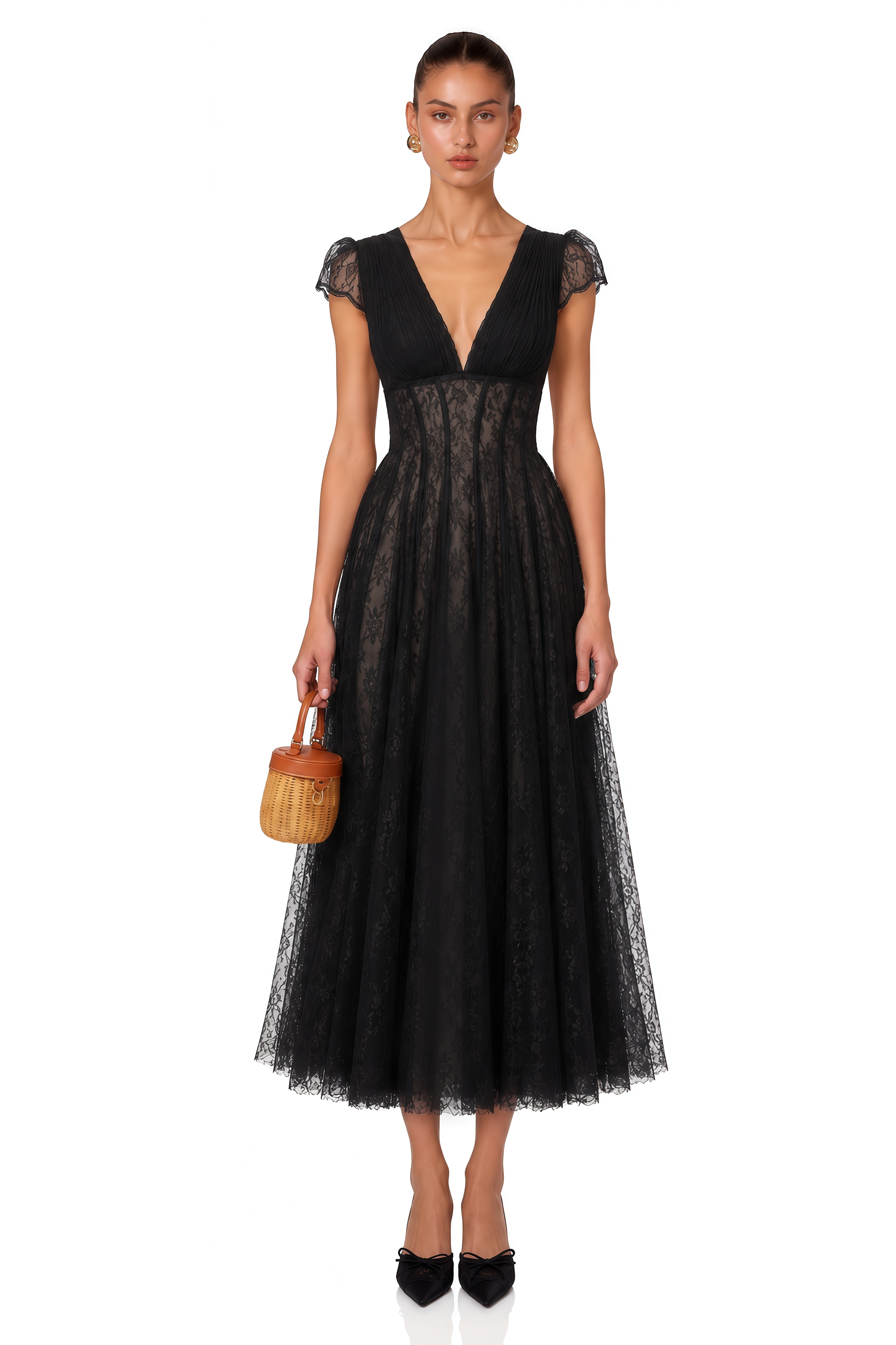 Radiya Black Floral Lace Pleated Maxi Dress