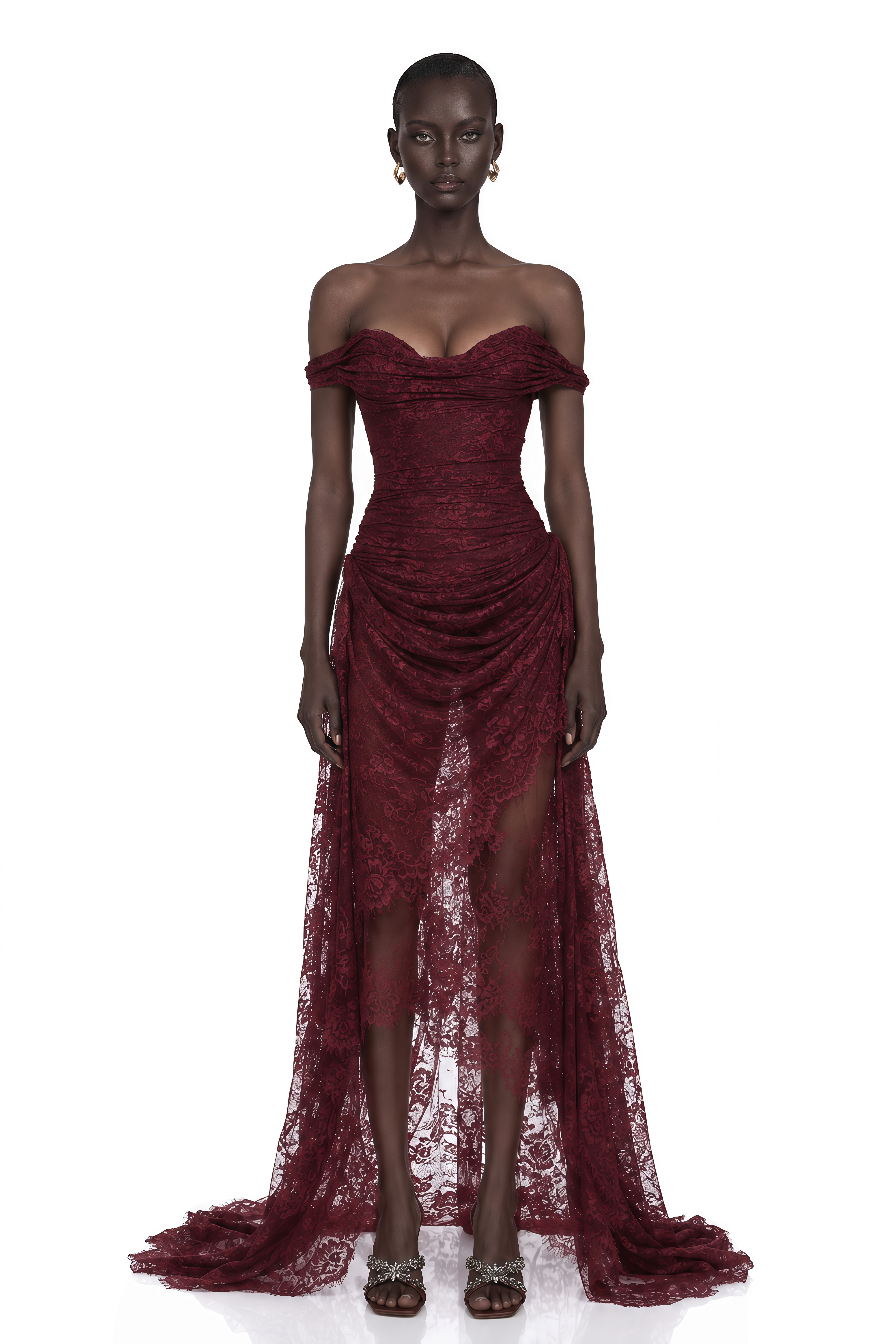Eline Burgundy Ruched Floral Lace Gown