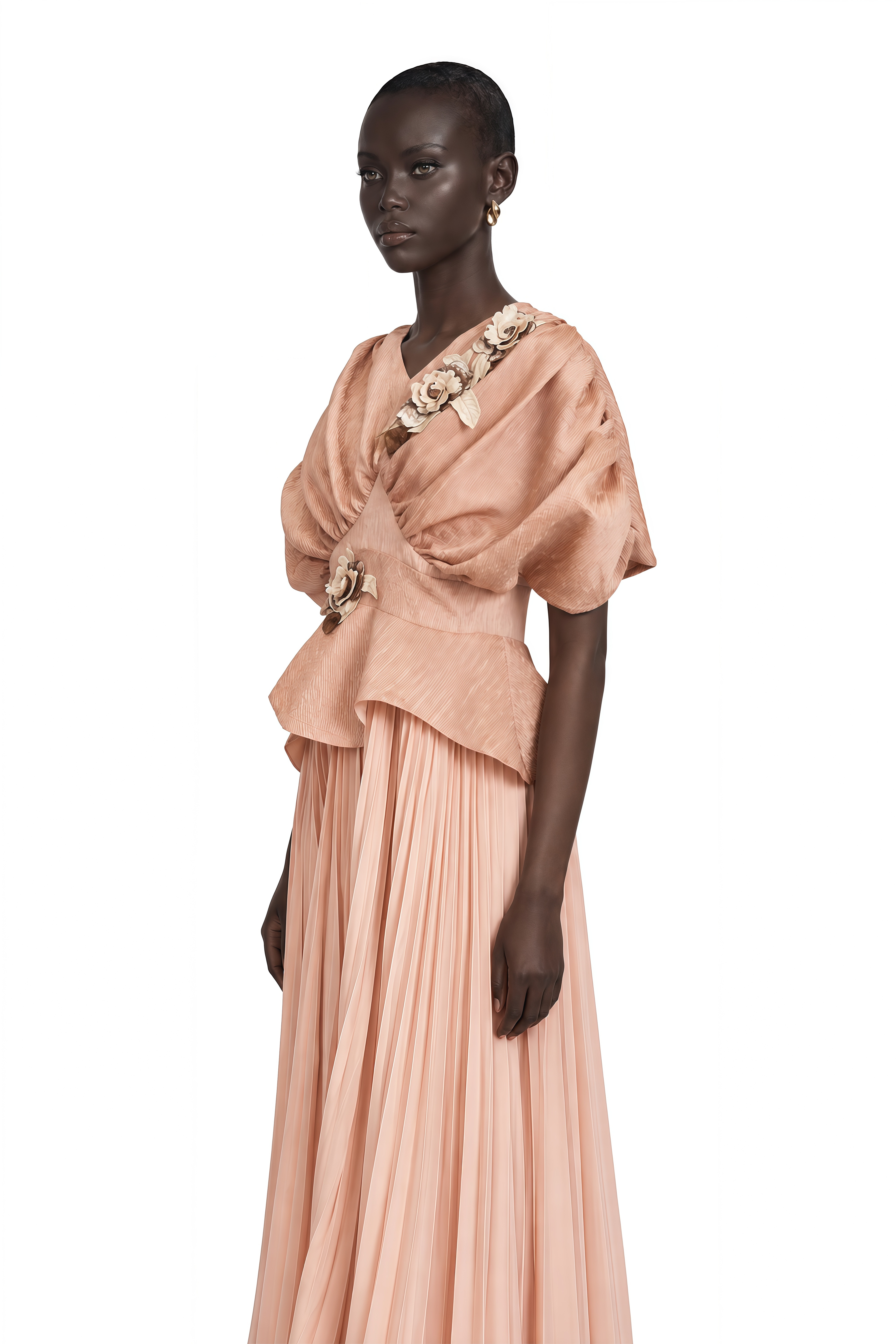 Camille Pink Floral Appliqué Pleated Maxi Dress