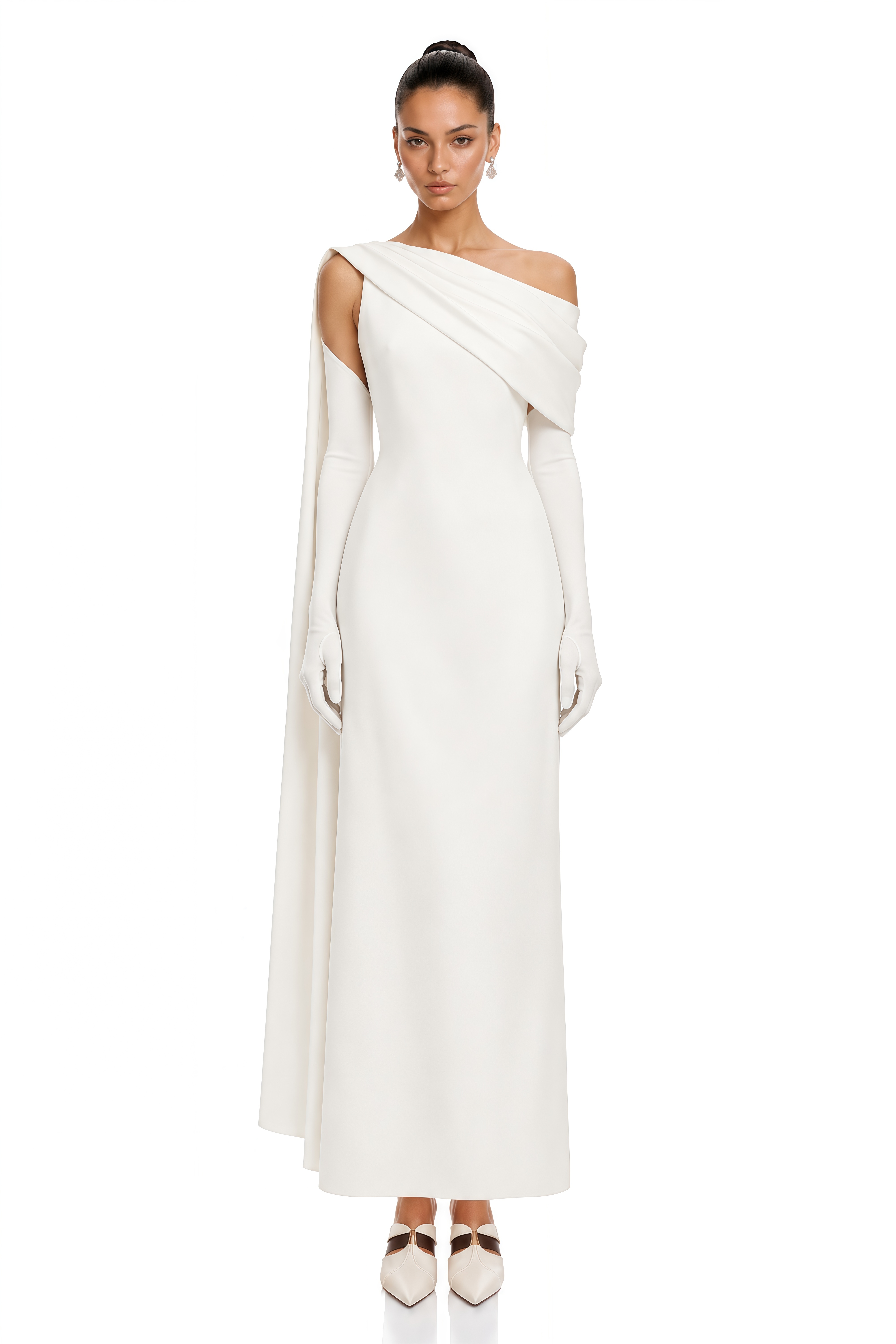 Annabelle White Cape-Design Ribbon Maxi Dress (Without Gloves)