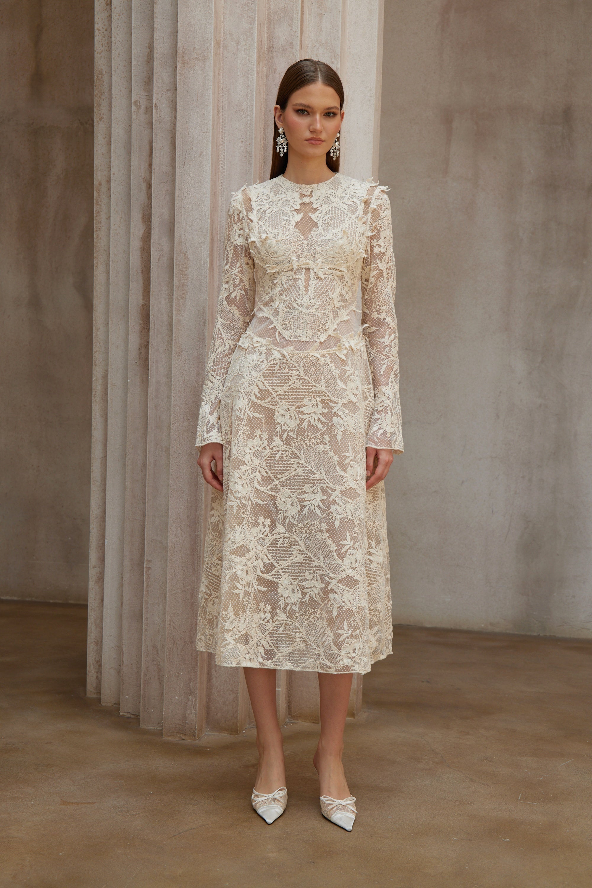 Amber White Long Sleeve Floral Lace Midi Dress
