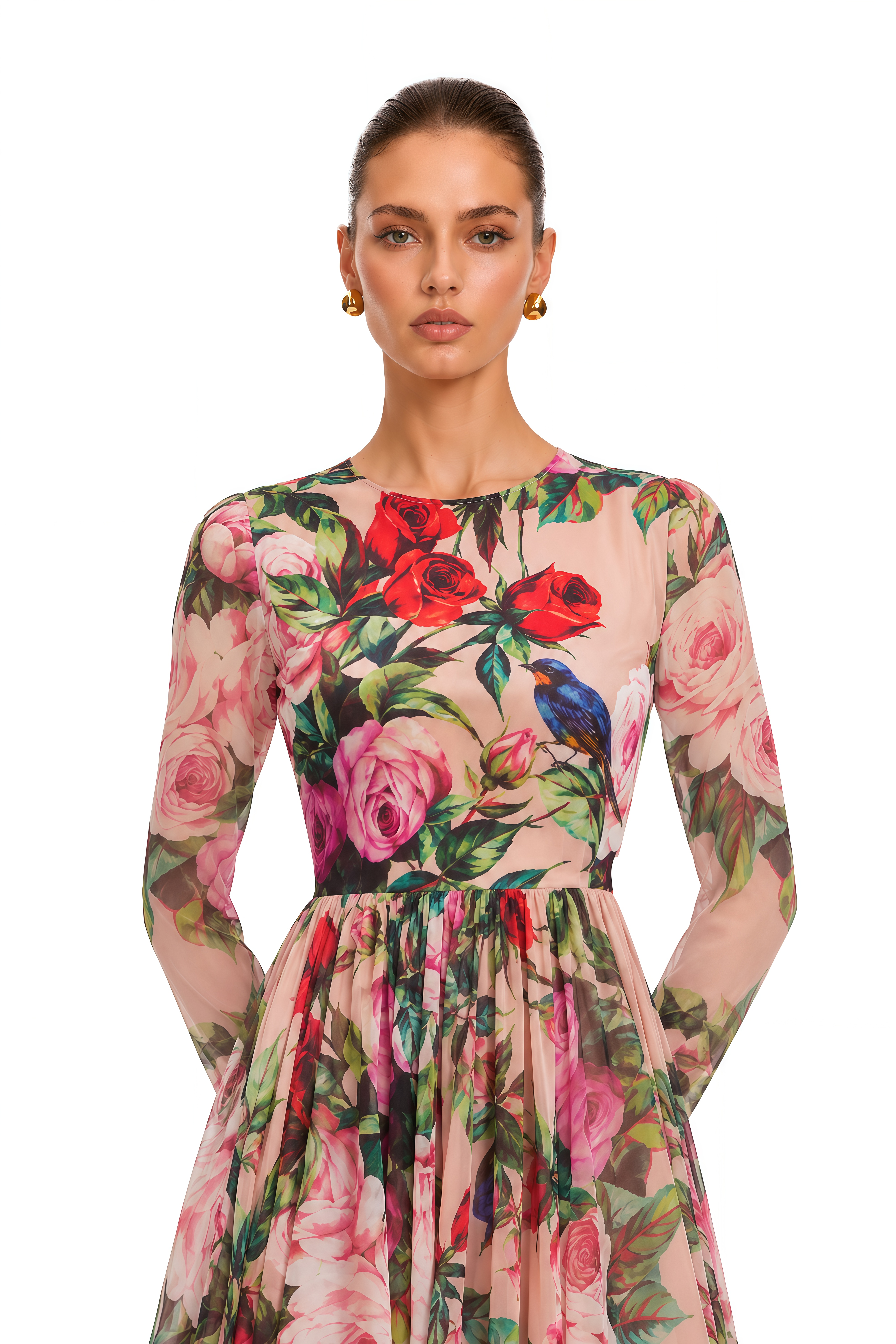 Coralie Pink Rose Print Summer Silk Midi Dress