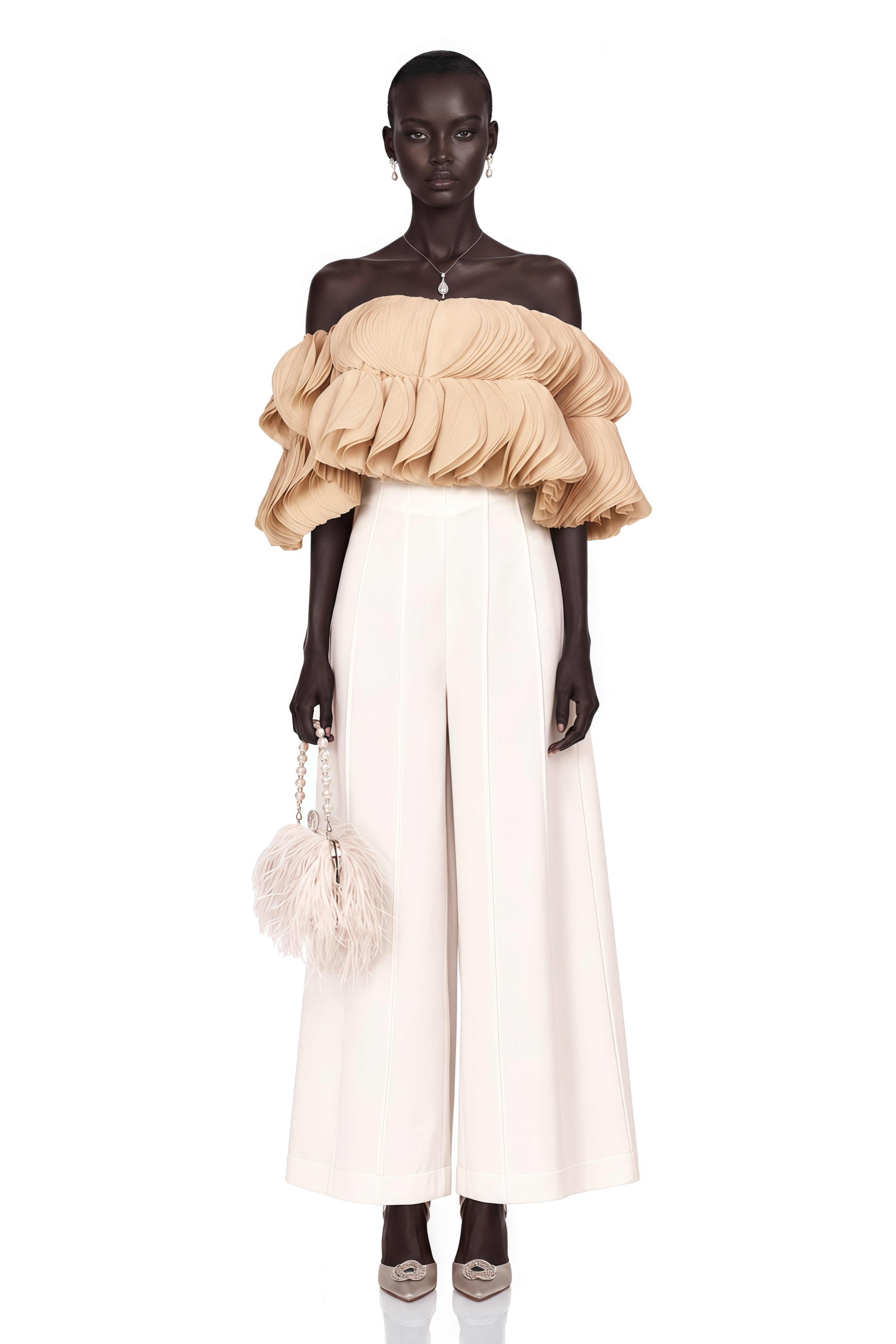 Elise Neutrals Off-Shoulder Shirred Cropped Top