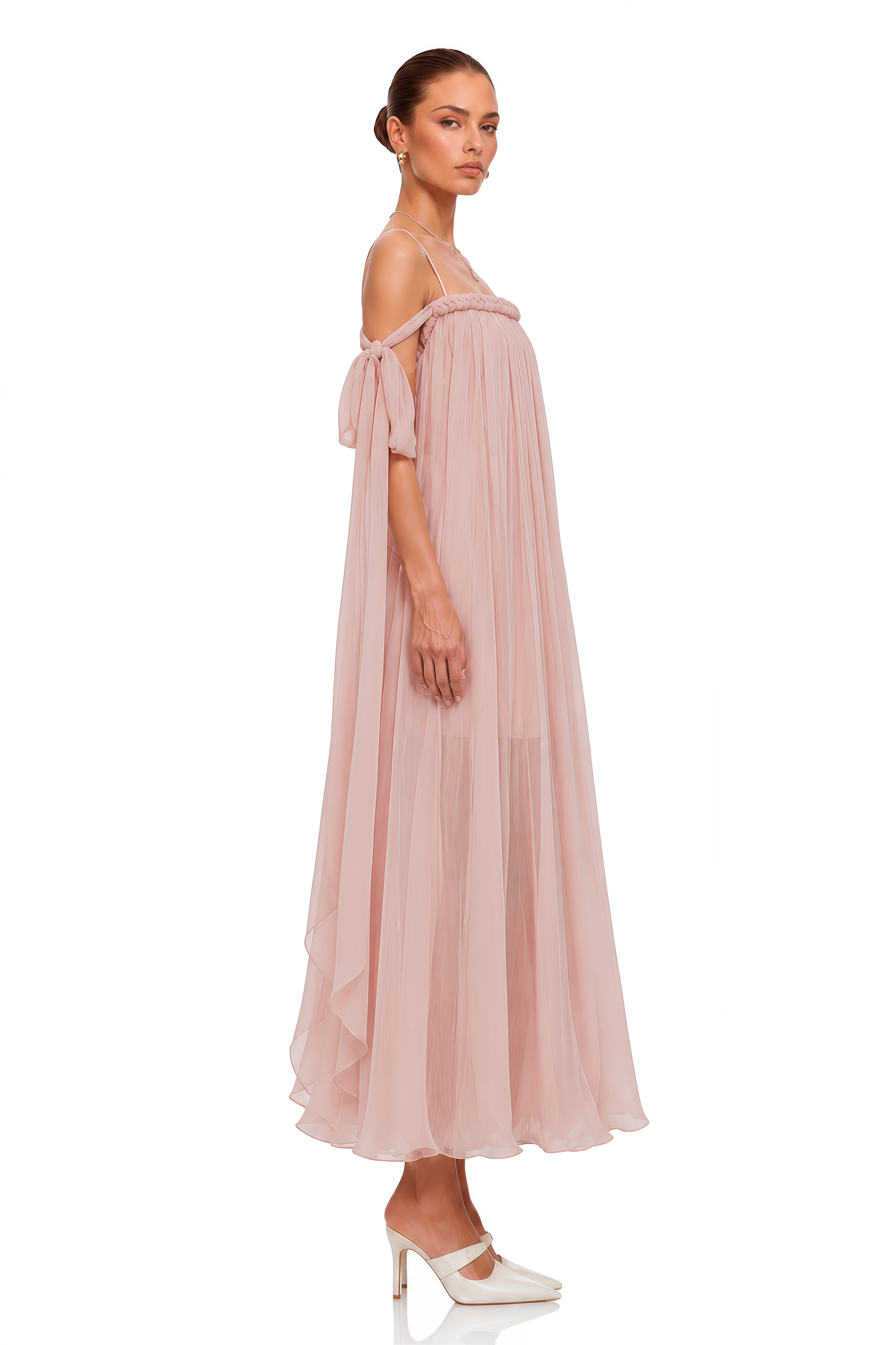 Agathe Pink Braid Detail Pleated Maxi Dress