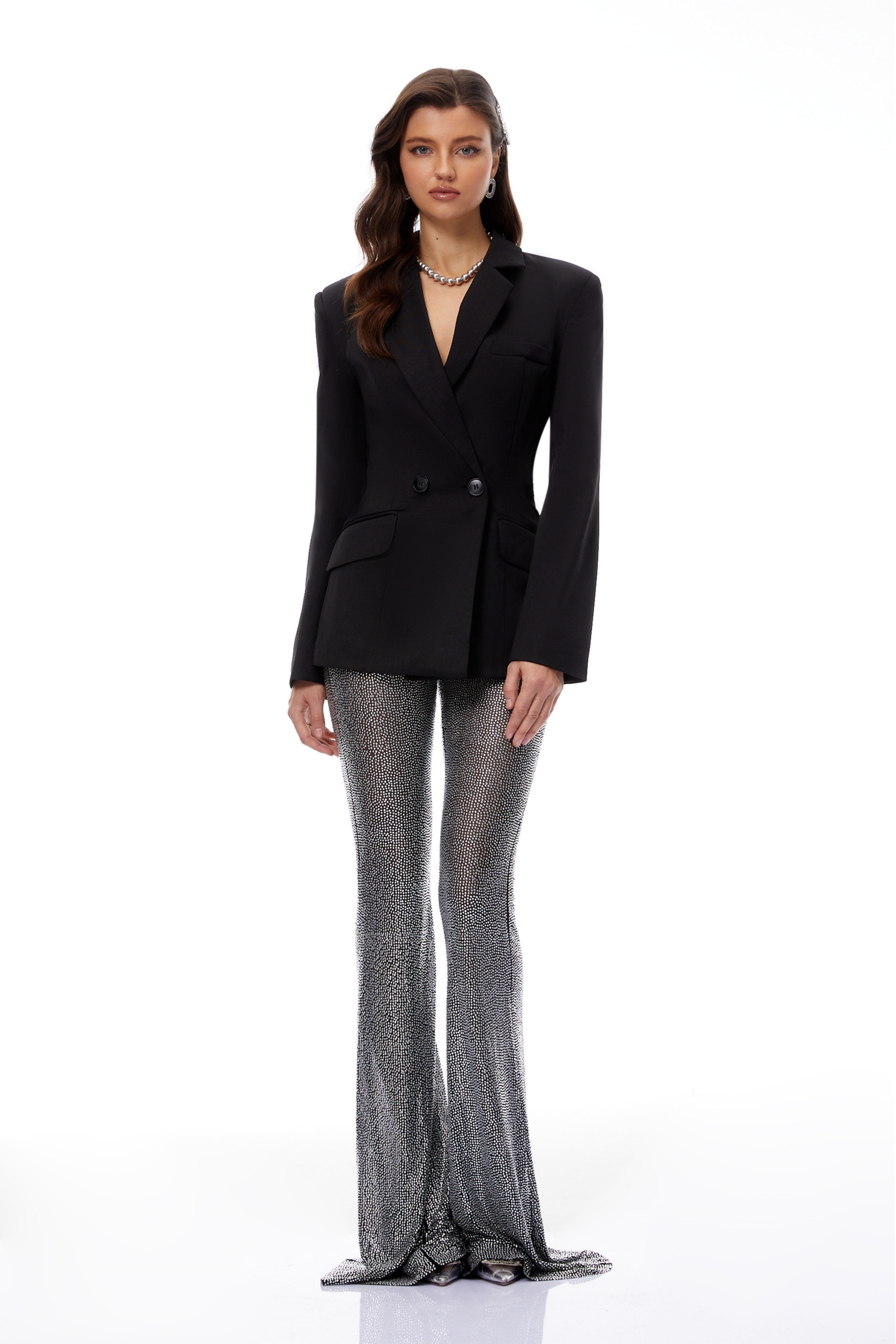 Edda Black Double-Breasted Blazer & Rhinestone Trousers Set (Final Sale-US Only)