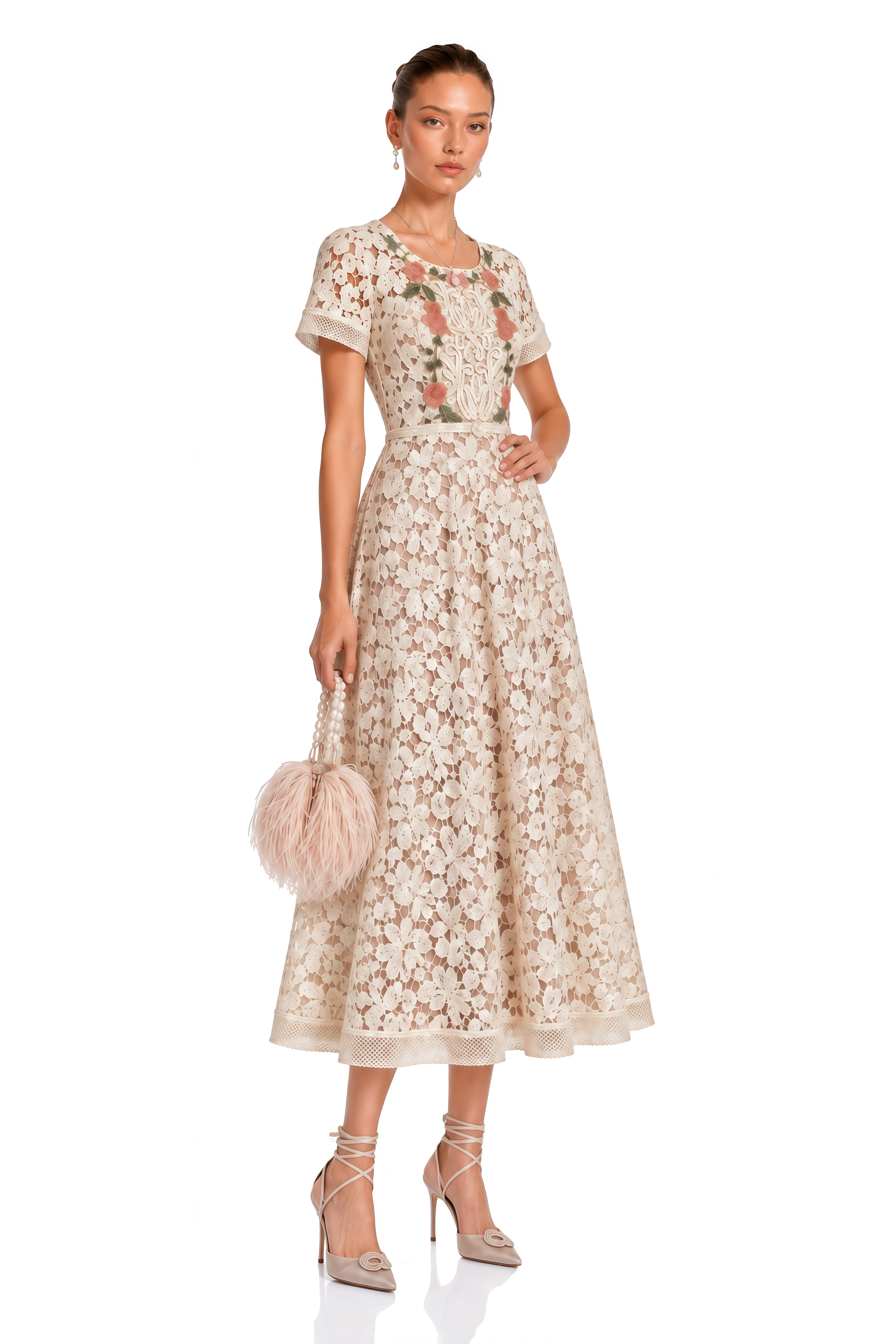 Araminta White Floral Embroidered Lace Midi Dress