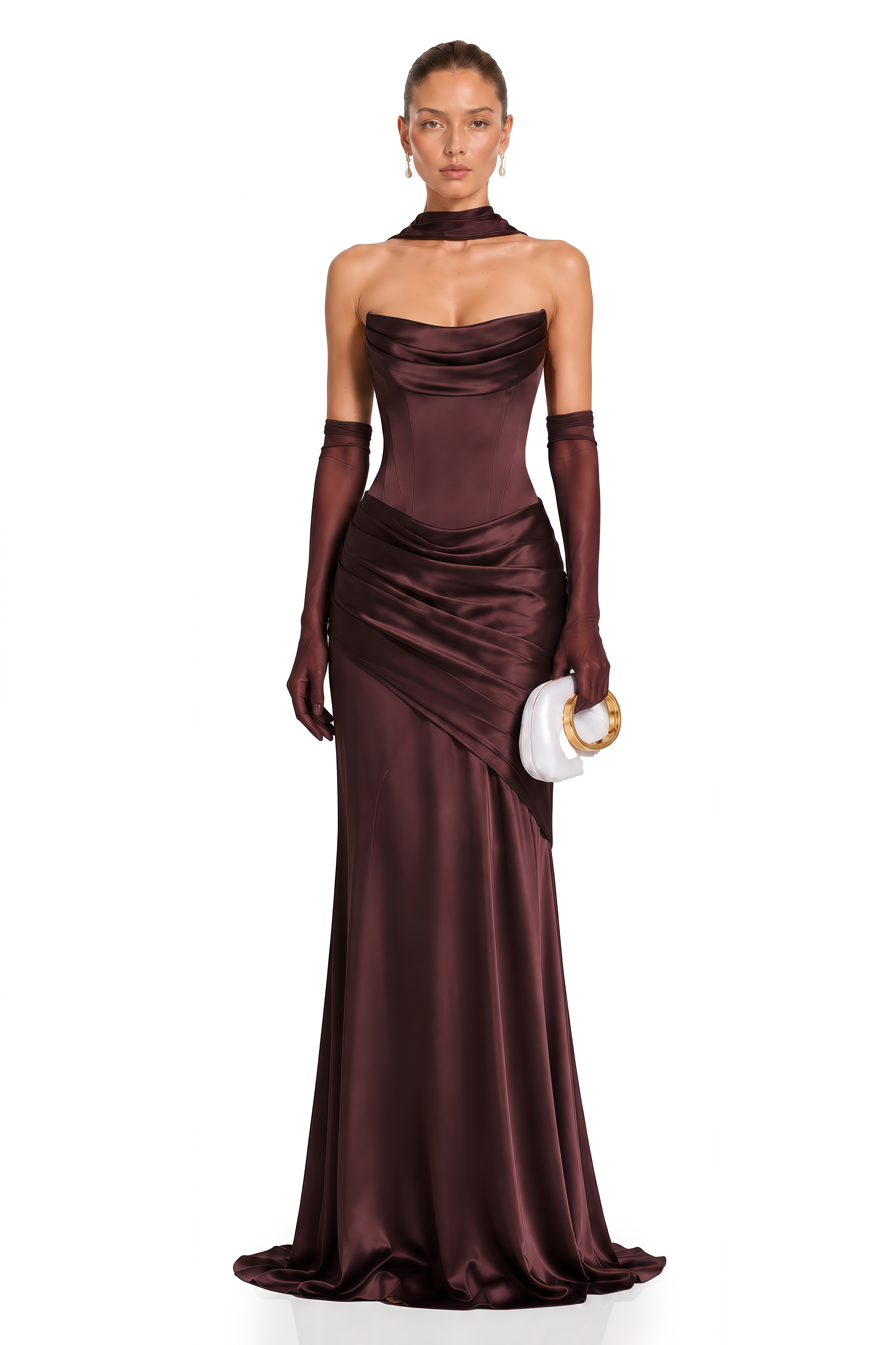 Marilou Brown Ruched Satin Maxi Dress  (Without Gloves)