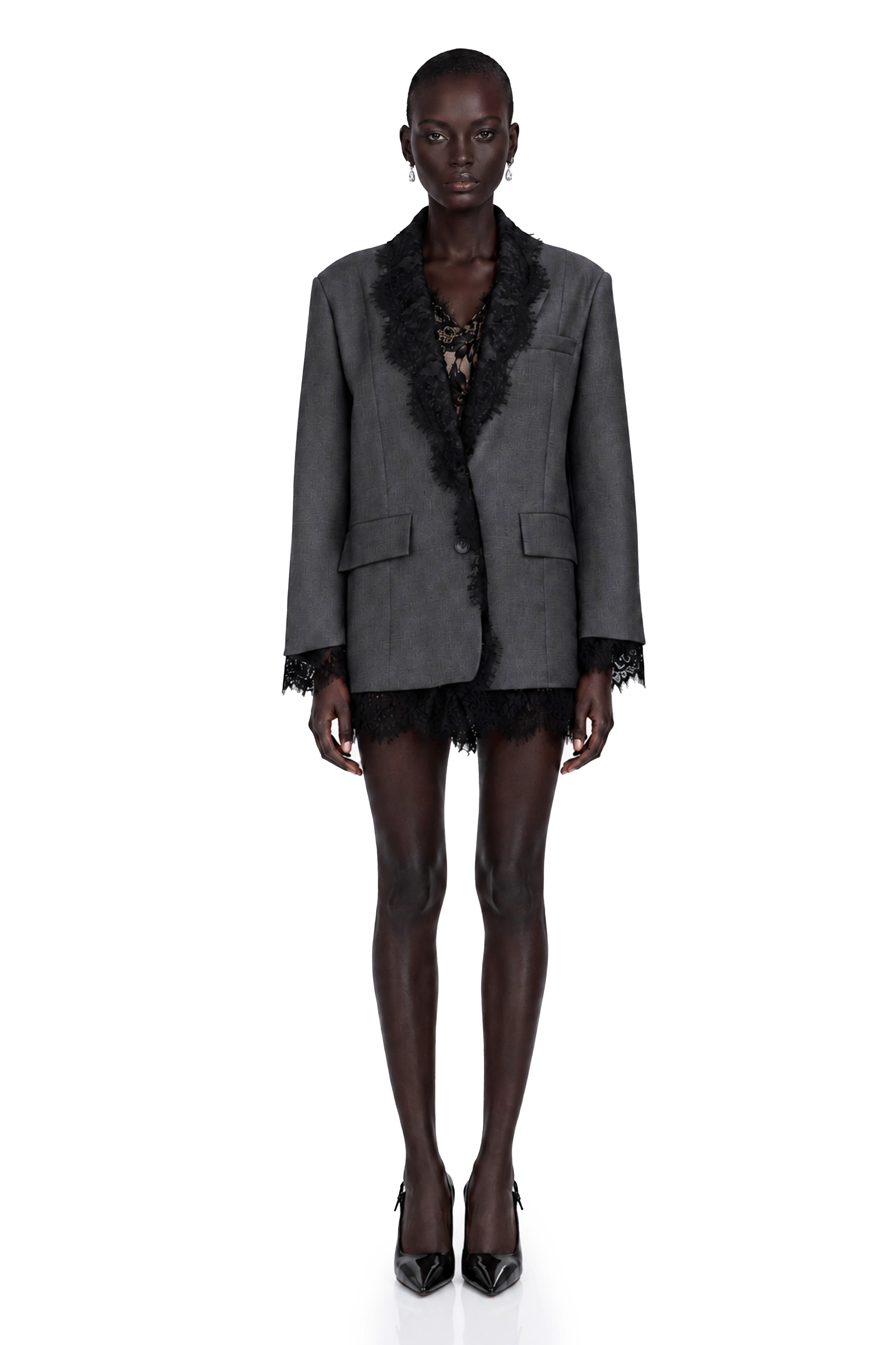 Grey blazer with black lace trim