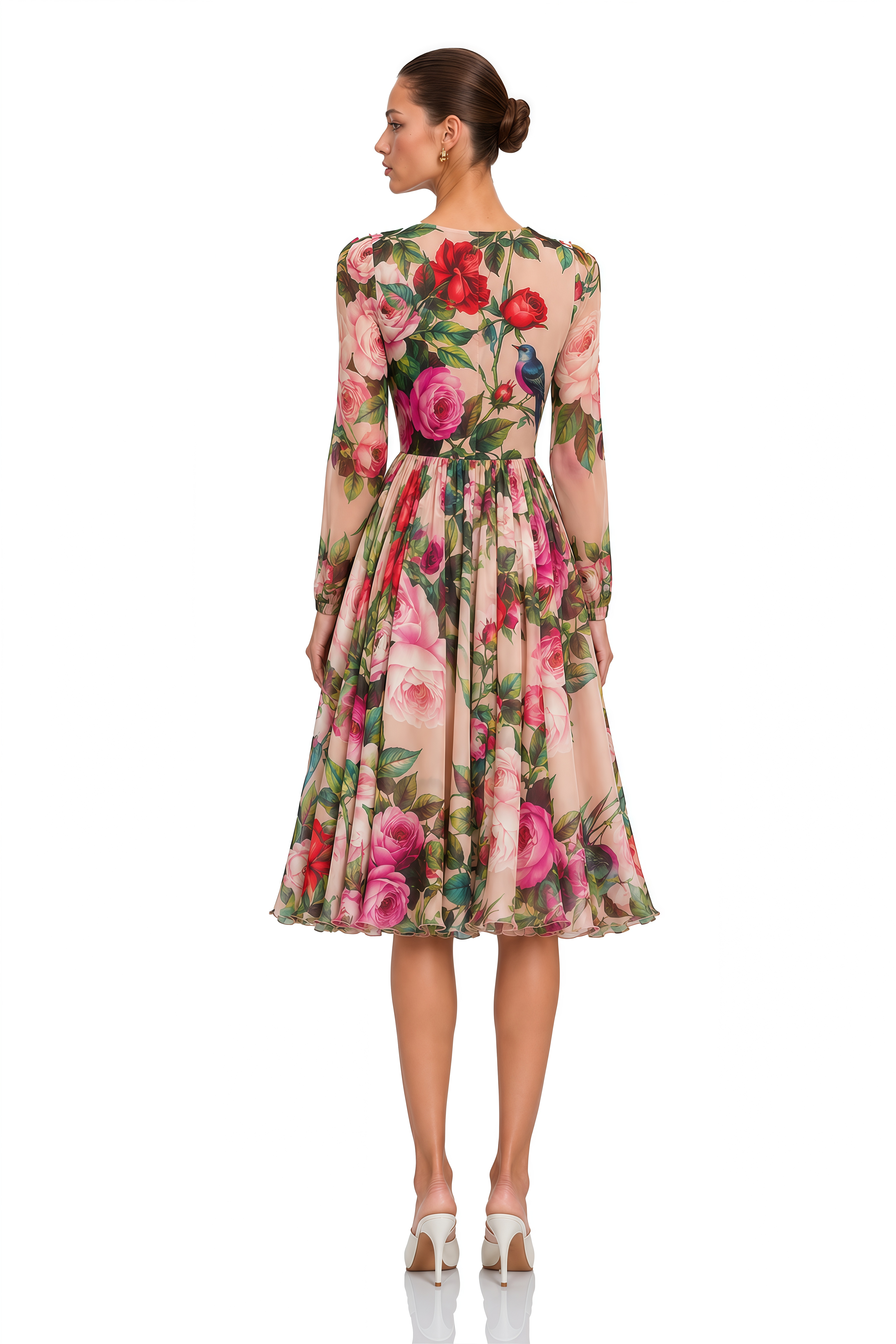 Coralie Pink Rose Print Summer Silk Midi Dress