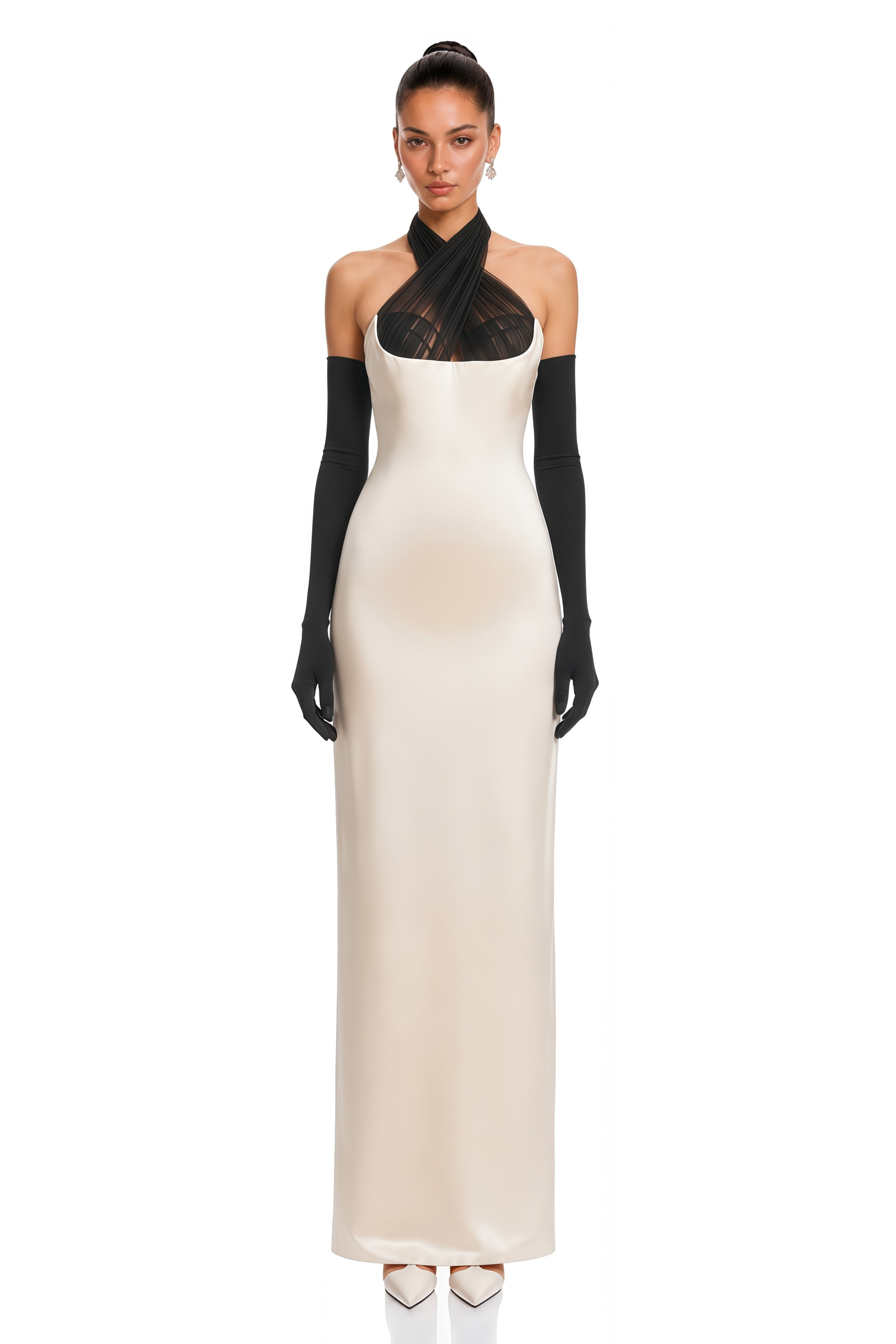Ronit Champagne Satin Maxi Dress with Tulle Panels (Without Gloves)