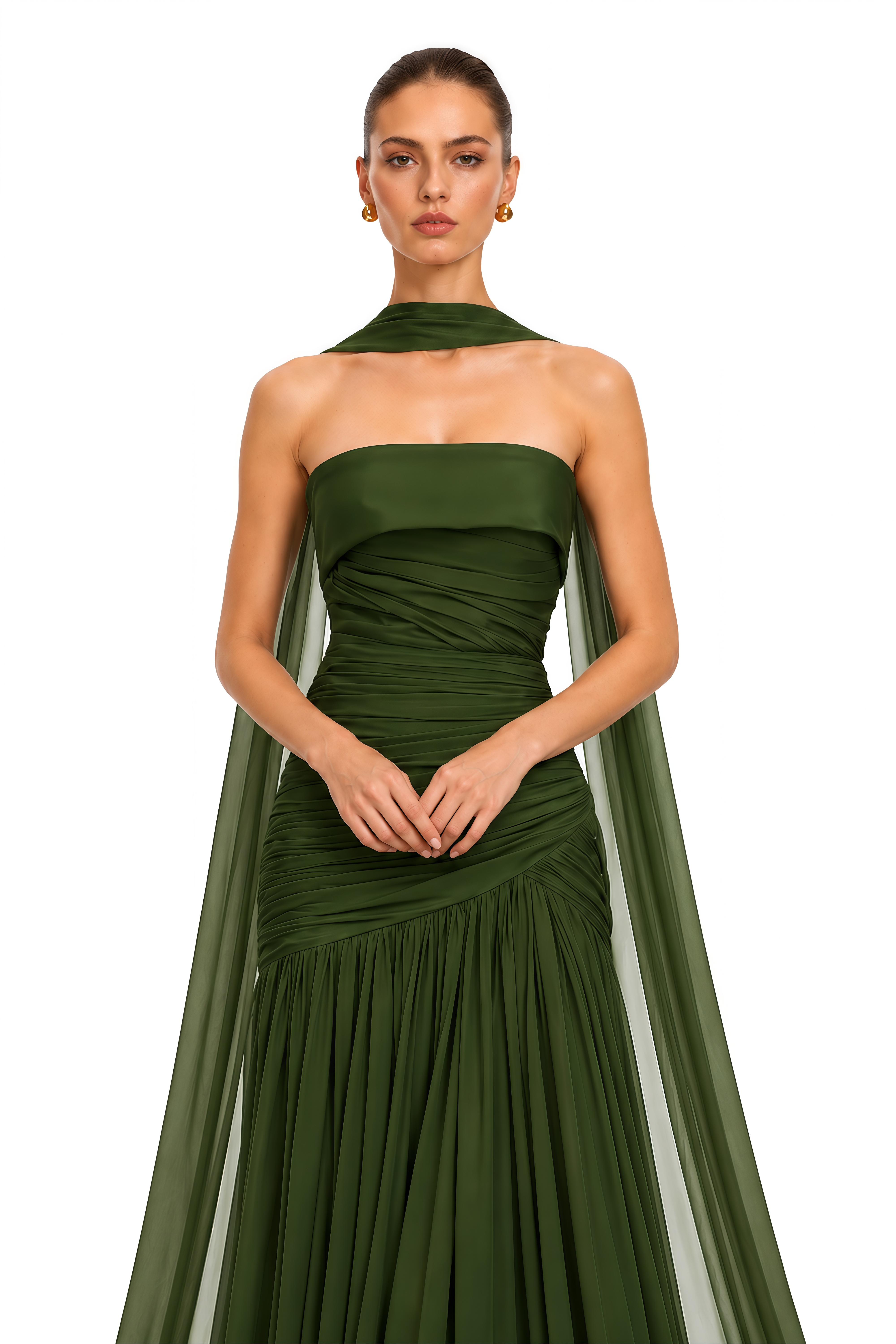 Laetitia Green Pleated Train Ruched Maxi Dress