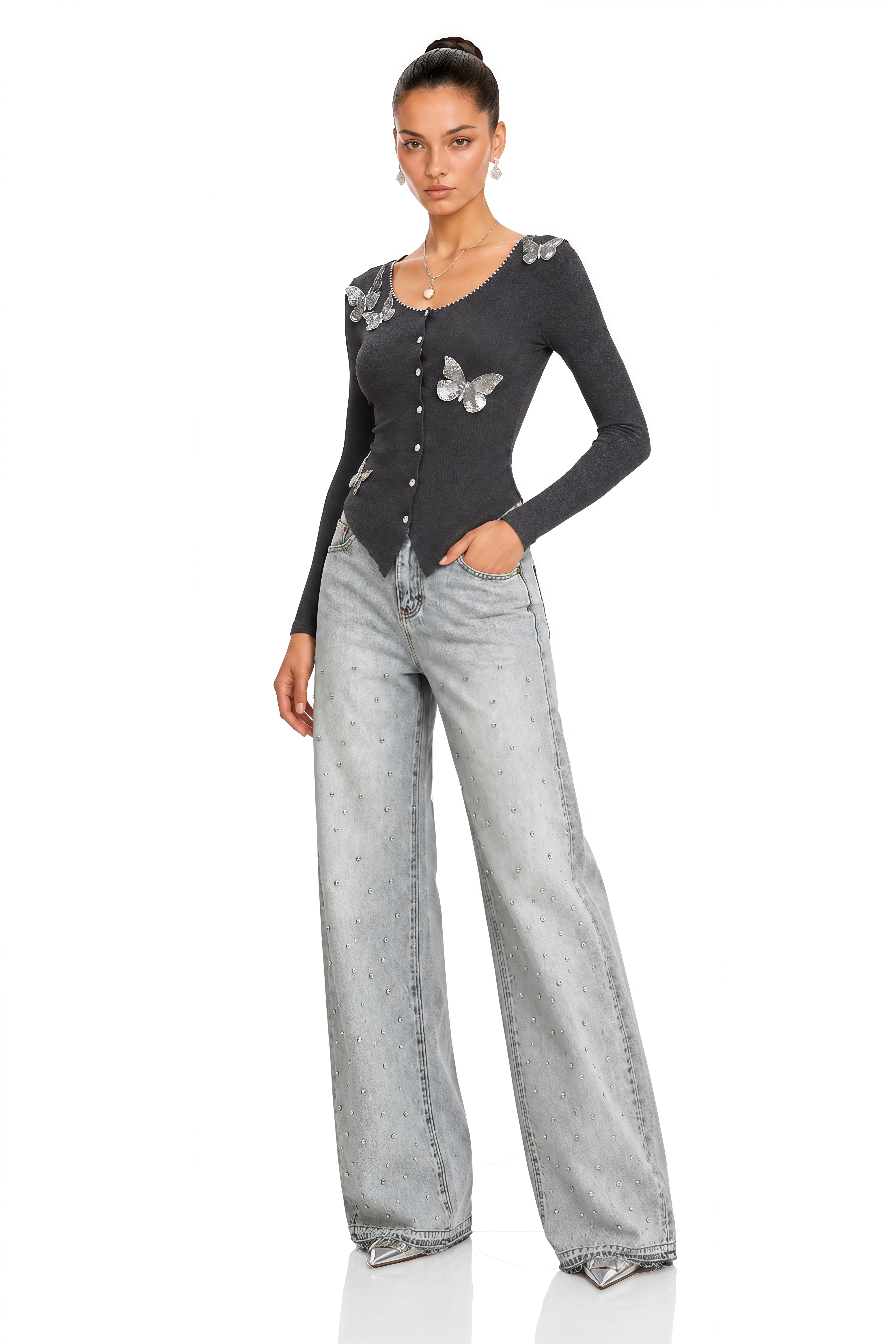 Anastasie Grey Sequined Butterfly-Motif Cardigan