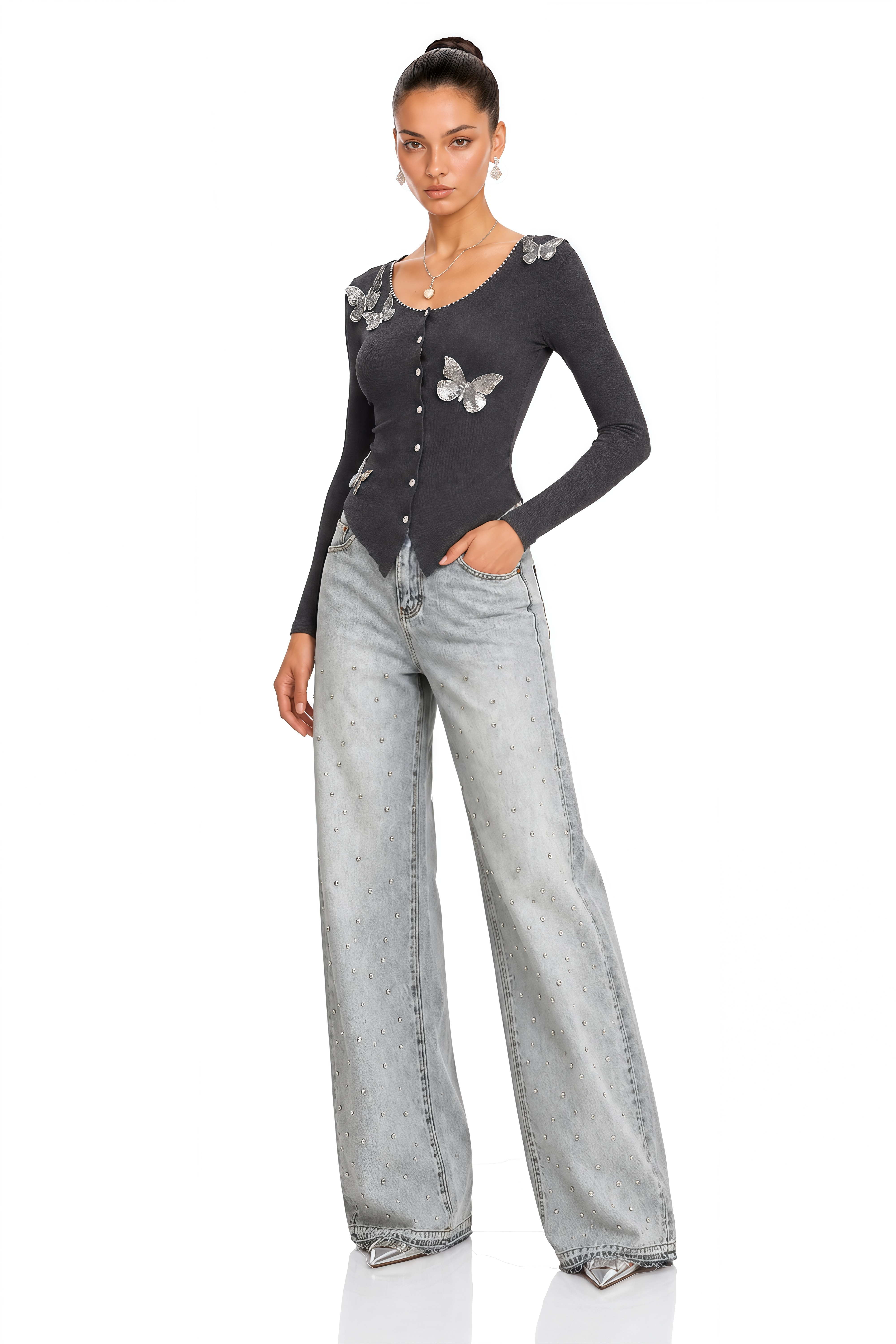 Anastasie Grey Sequined Butterfly-Motif Cardigan