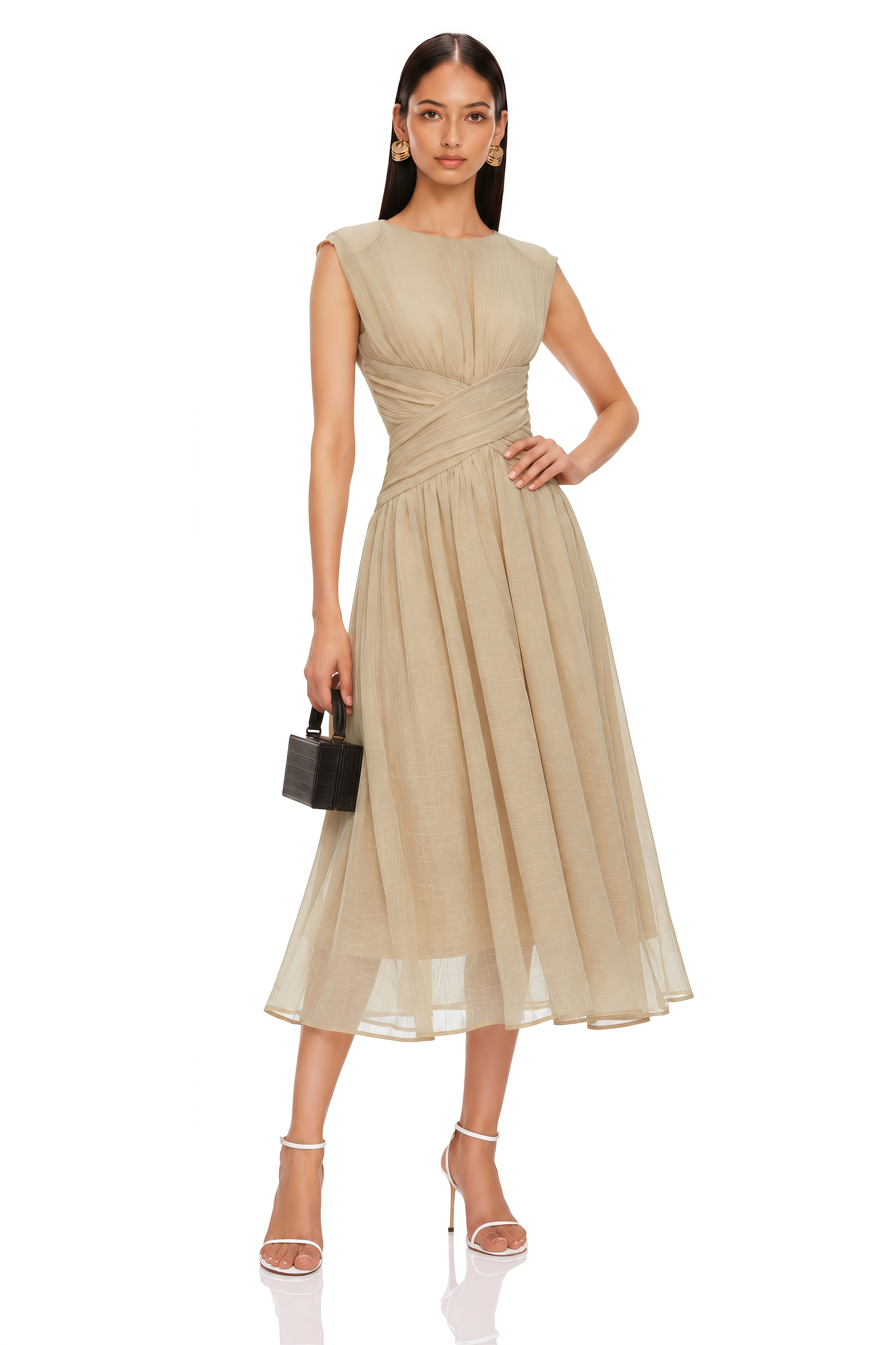 Ihaia Neutral Cross Front Ruched Midi Dress