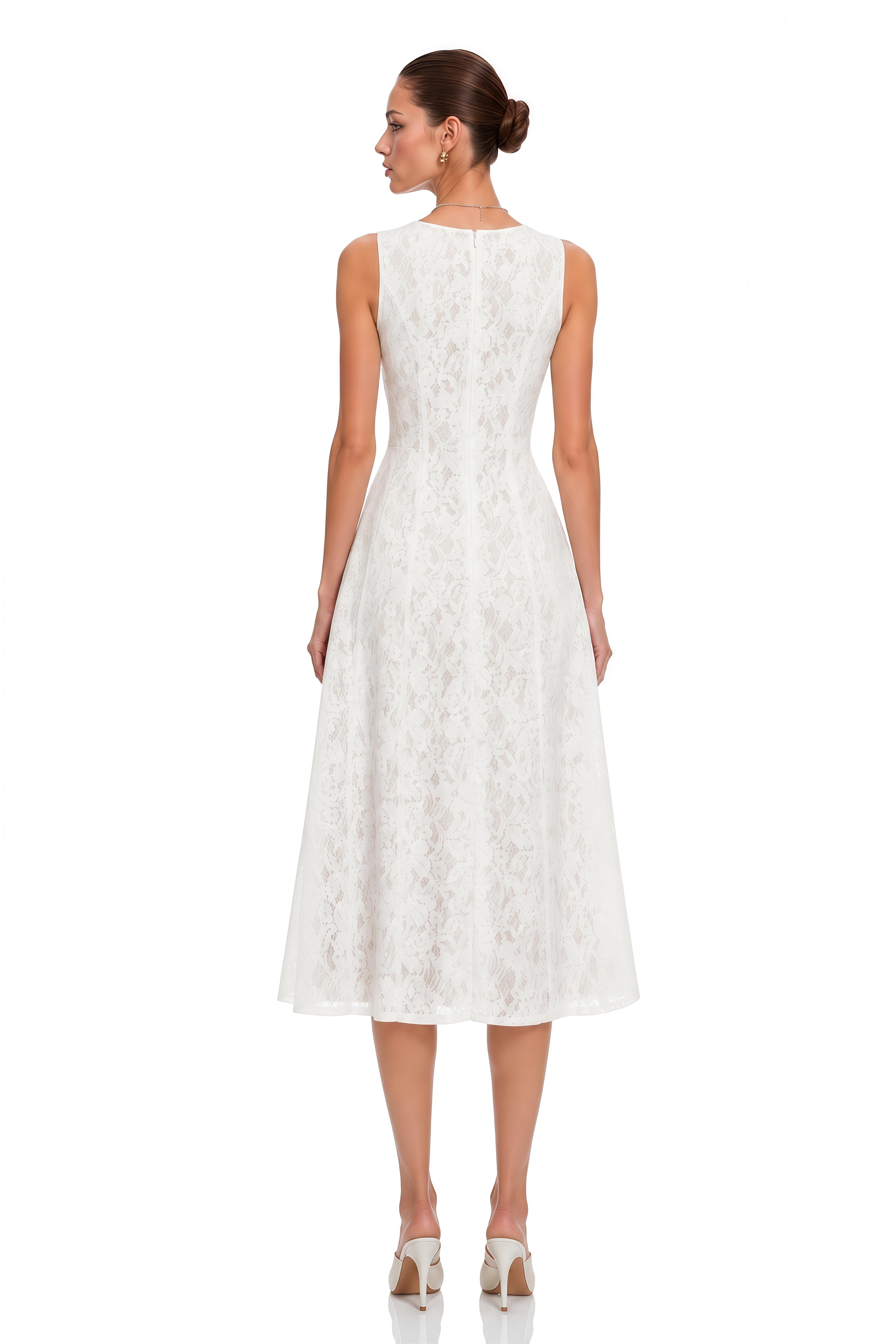 Guinevere White Sleeveless Floral Lace Midi Dress