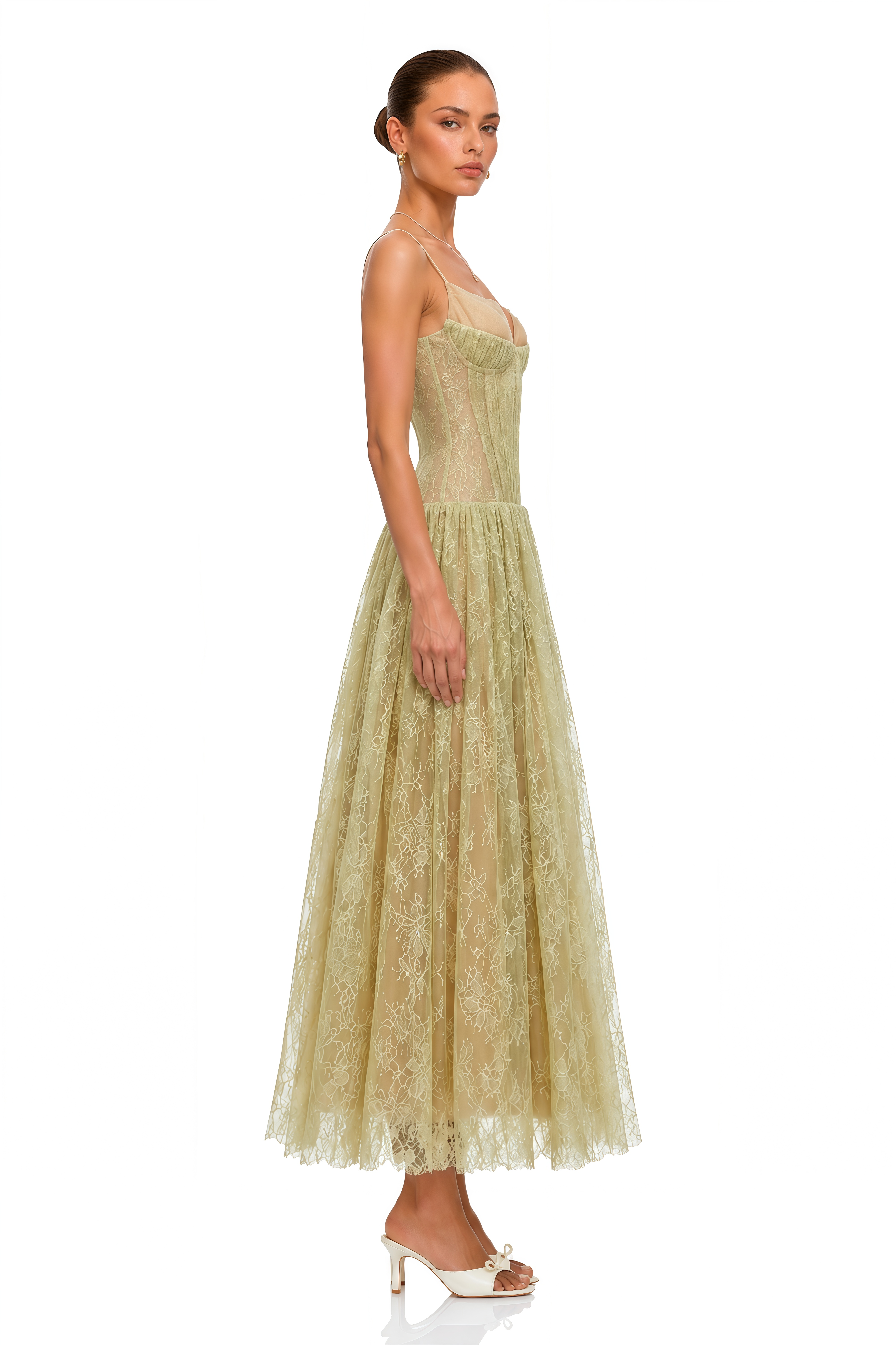 Severine Green Floral Lace Tulle Maxi Dress
