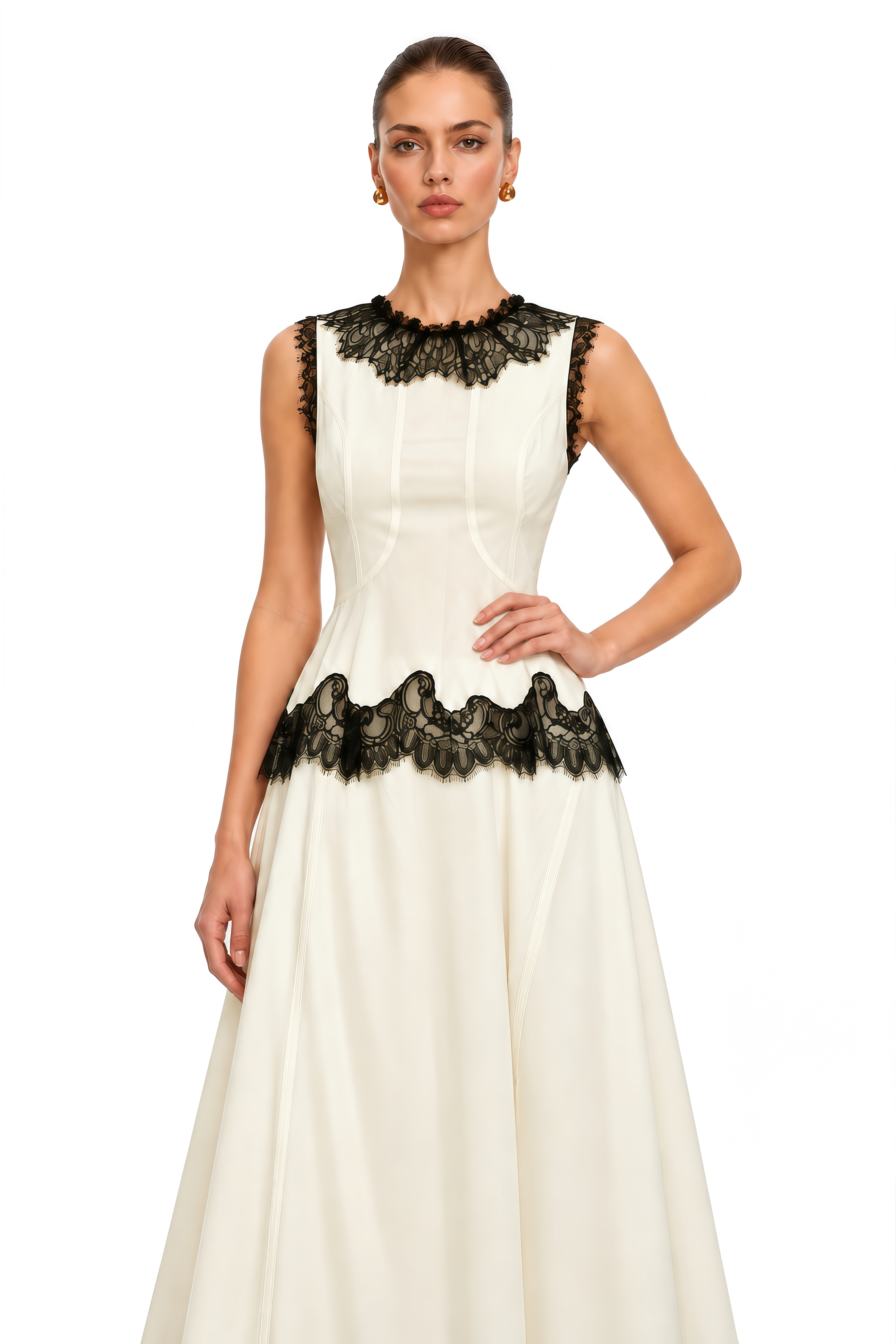 Zsofia Neutral Lace Panel Chiffon Top & Skirt Matching Set