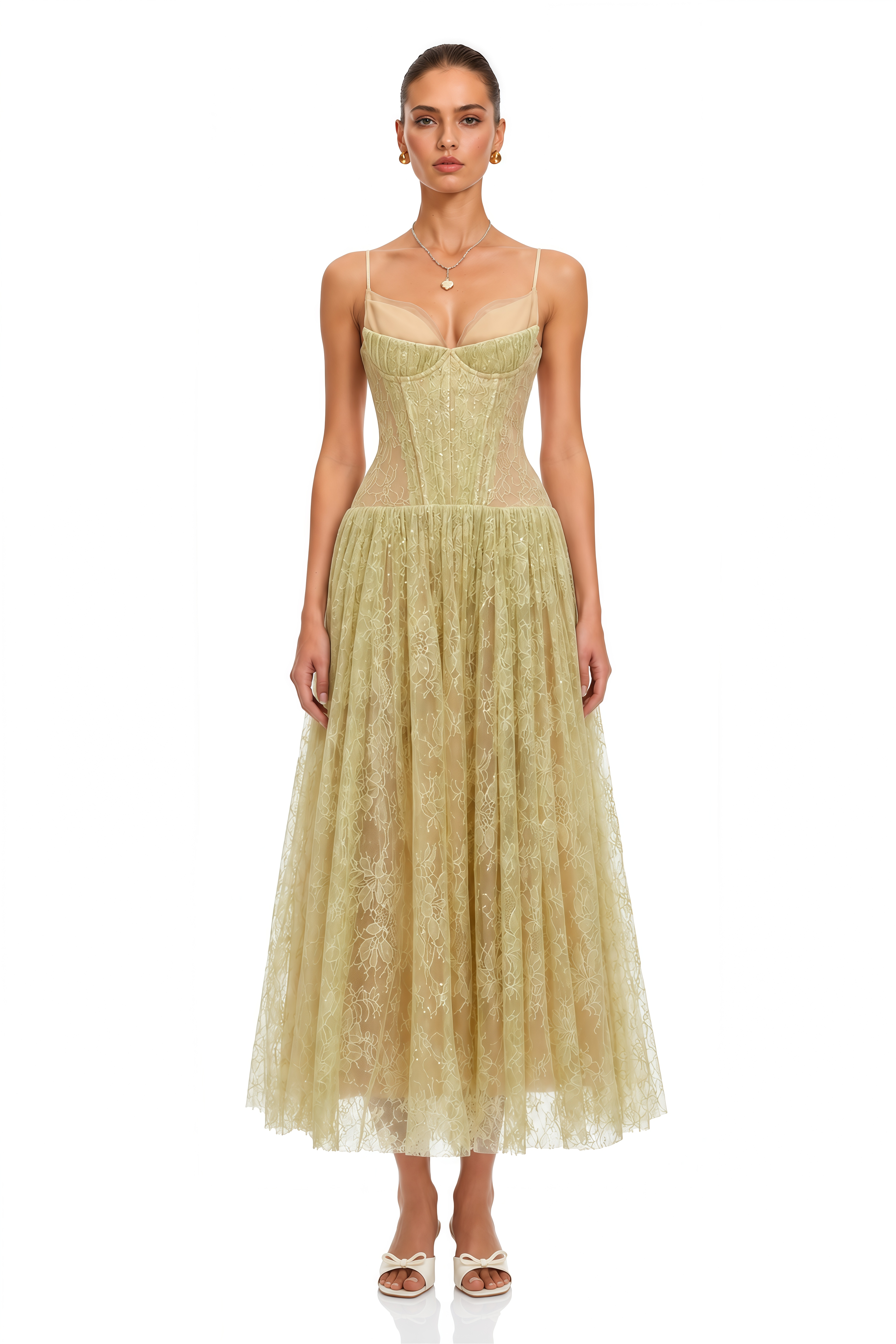 Severine Green Floral Lace Tulle Maxi Dress