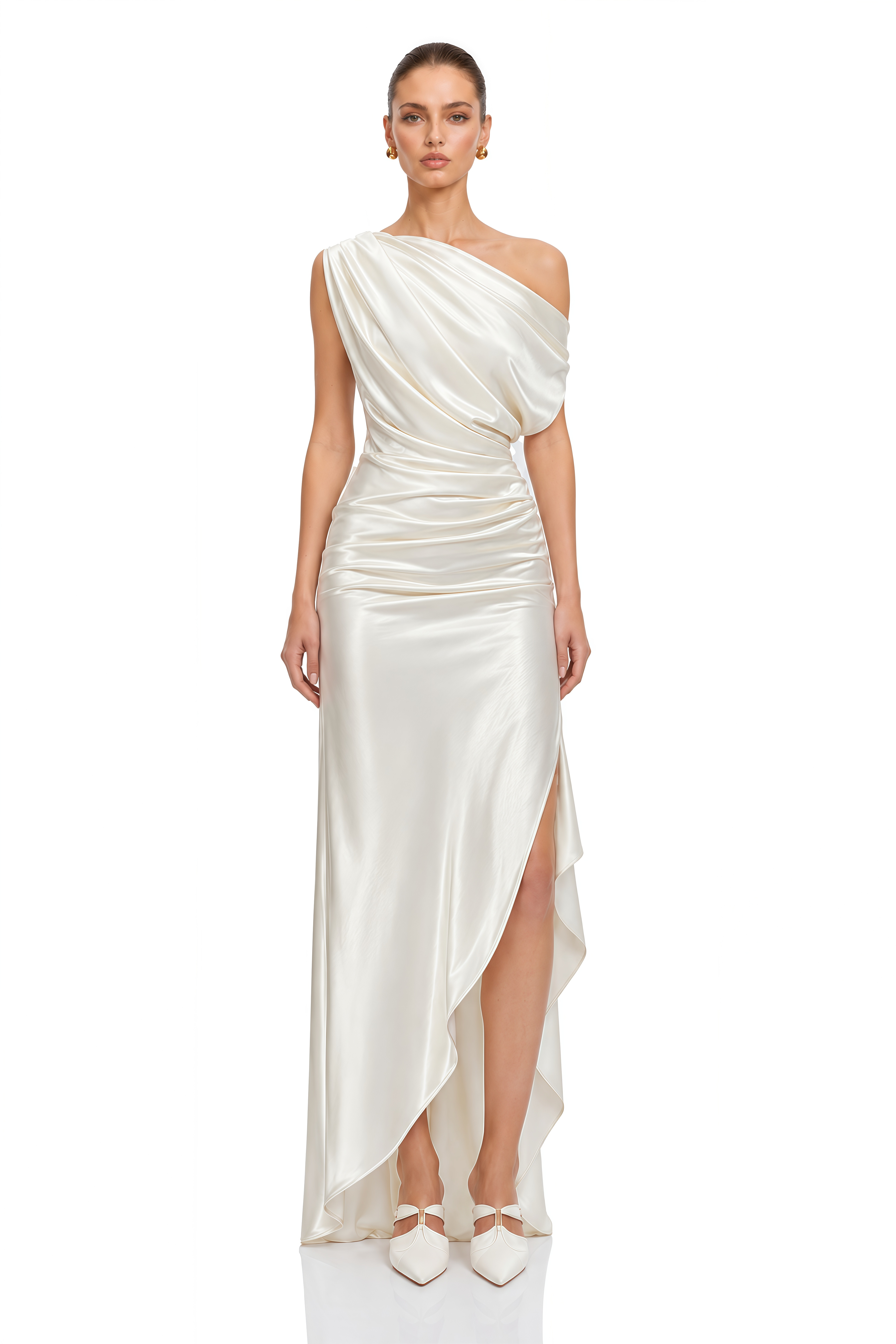 Naia Cream One Shoulder Ruched Maxi Dress with Slit