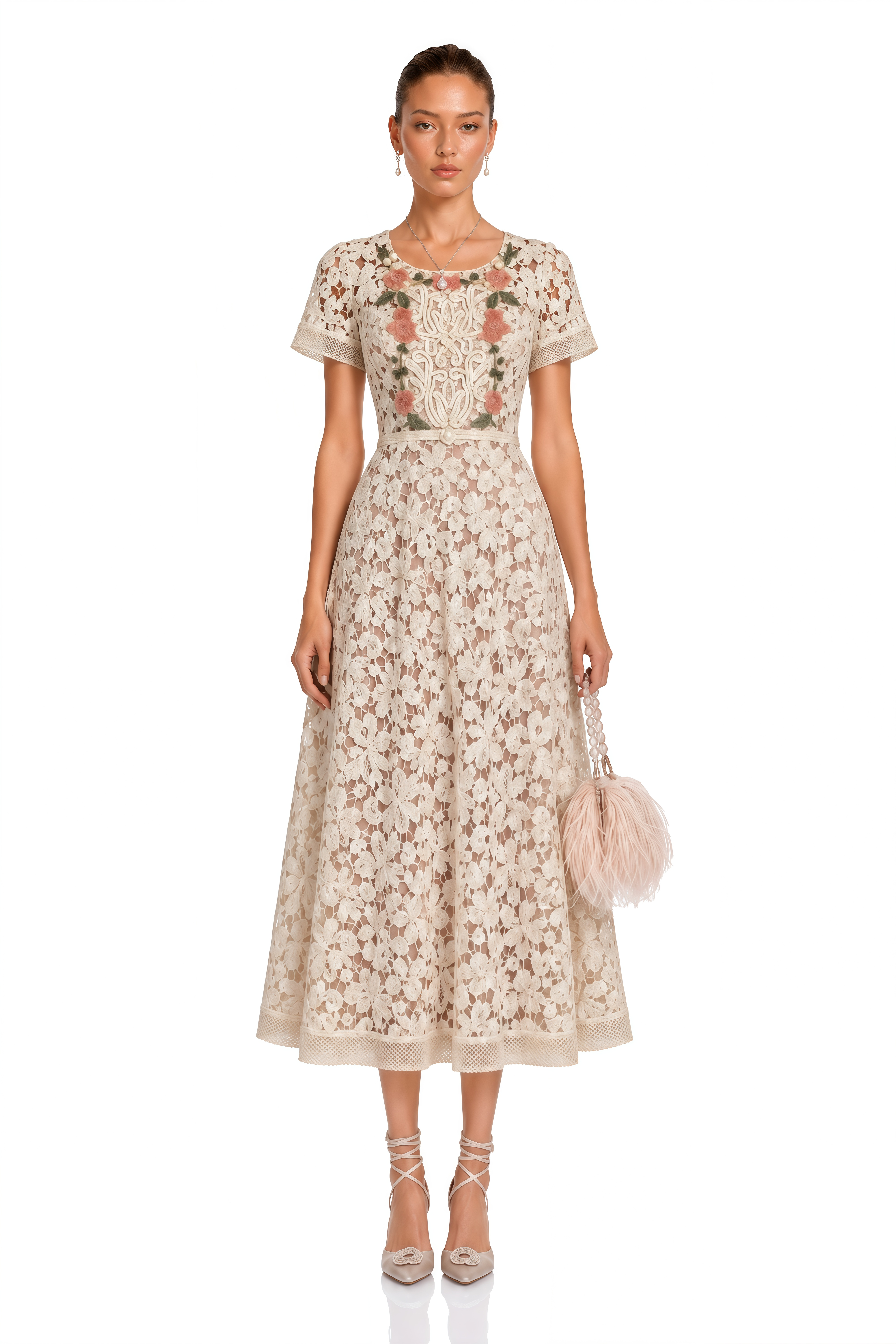 Araminta White Floral Embroidered Lace Midi Dress