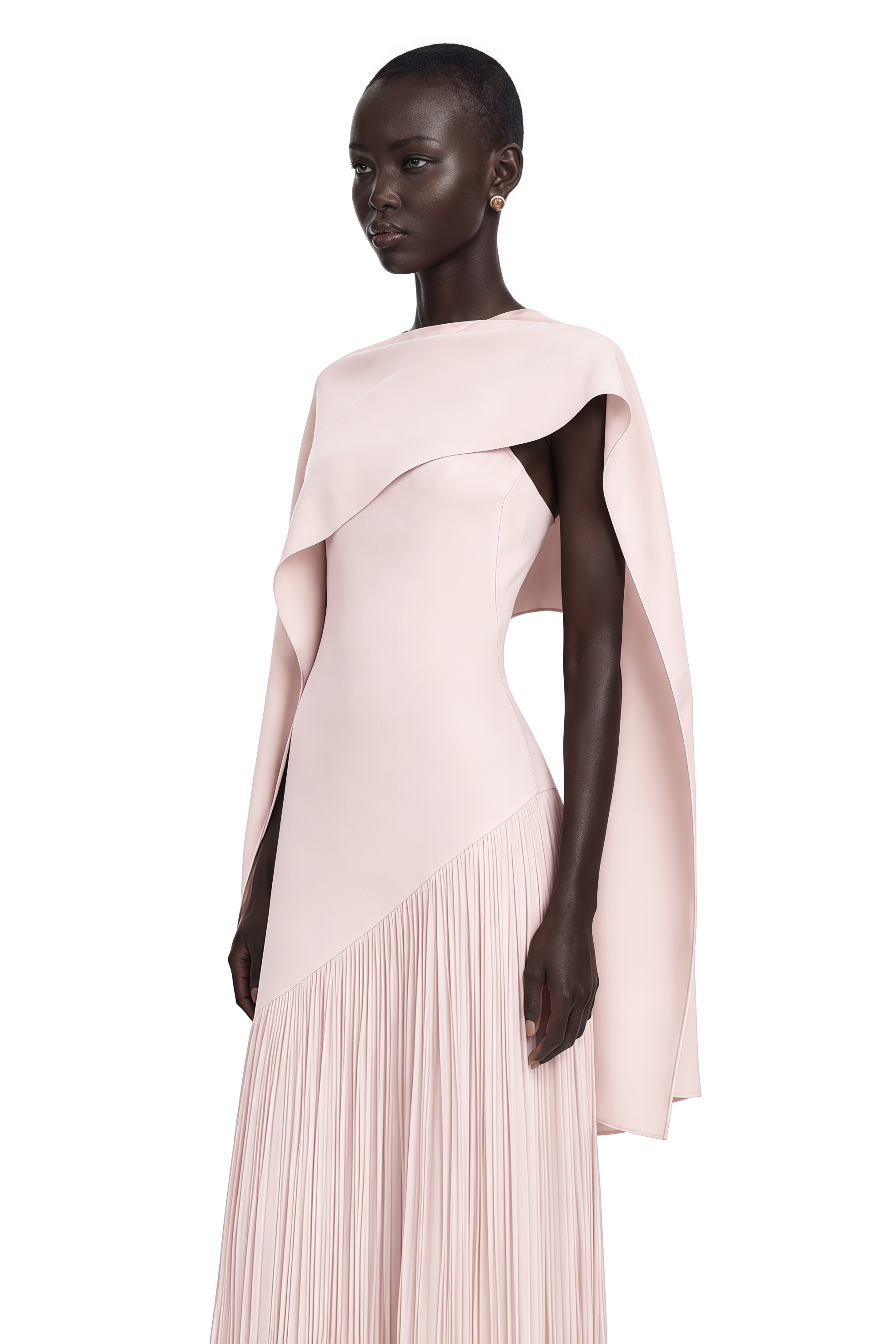 Cayetana Nude Pink Fringe Maxi Dress with Cape Effect