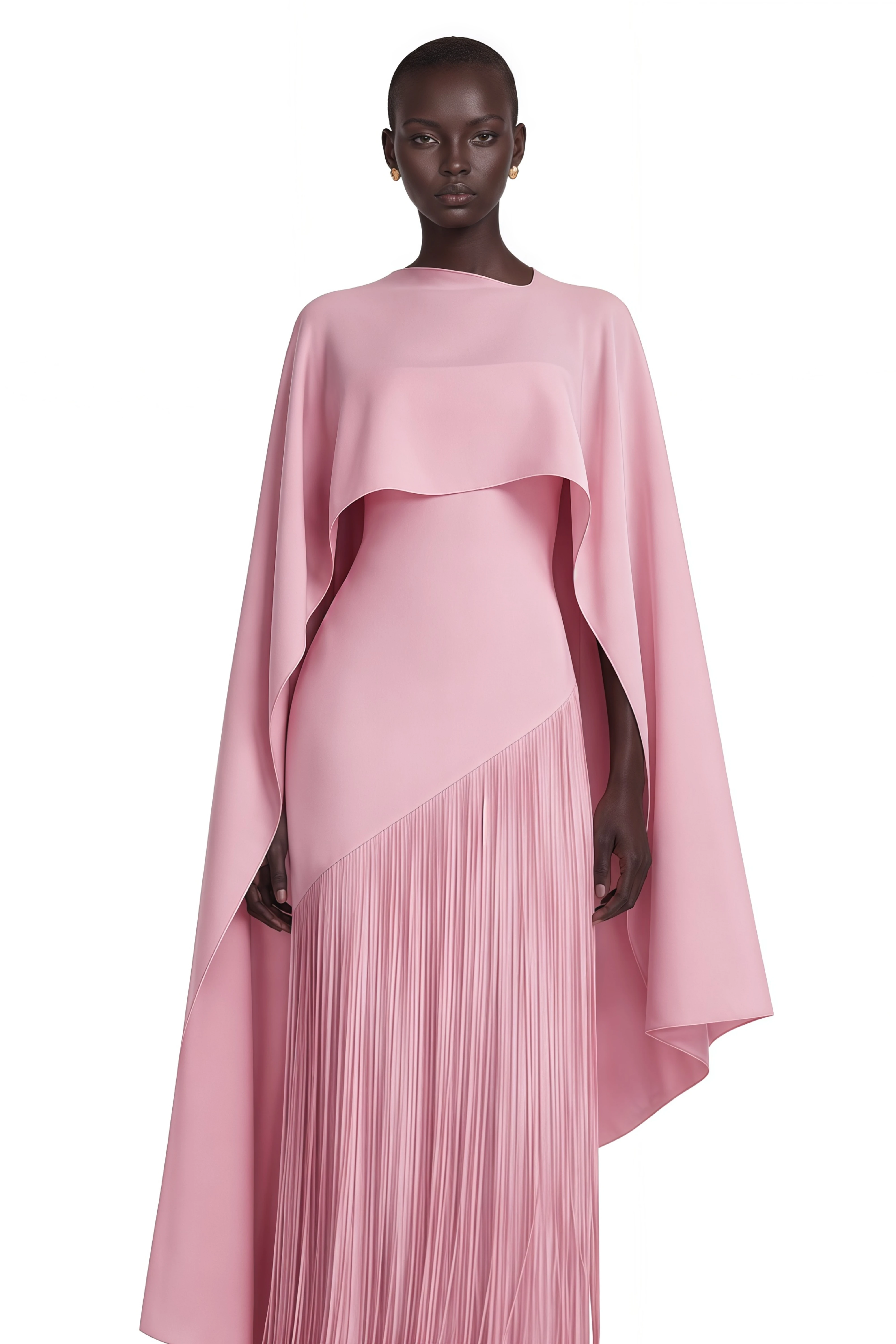Cayetana Pink Fringe Maxi Dress with Cape Effect