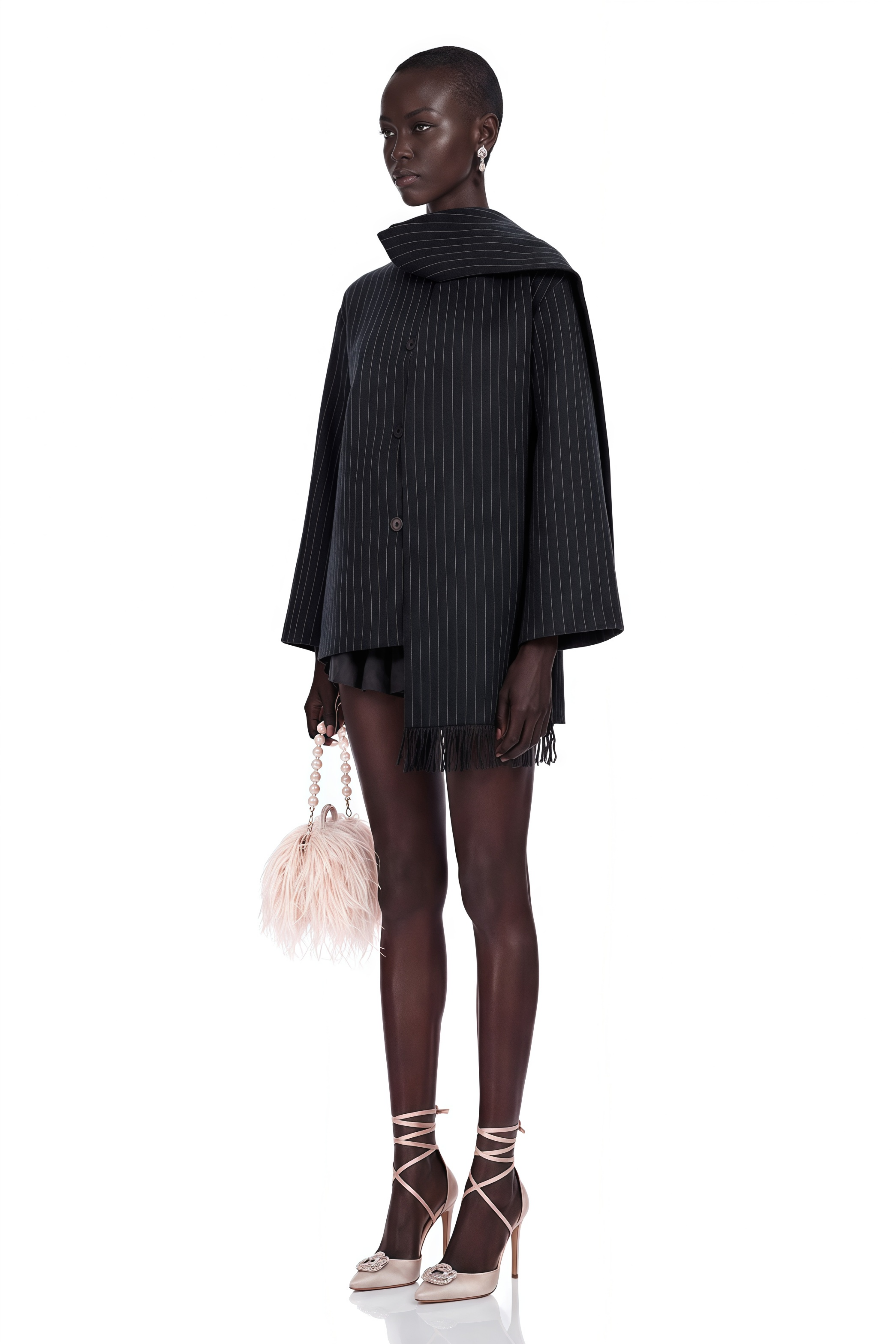 Carlotta Grey Scarf Striped Tweed Short Coat