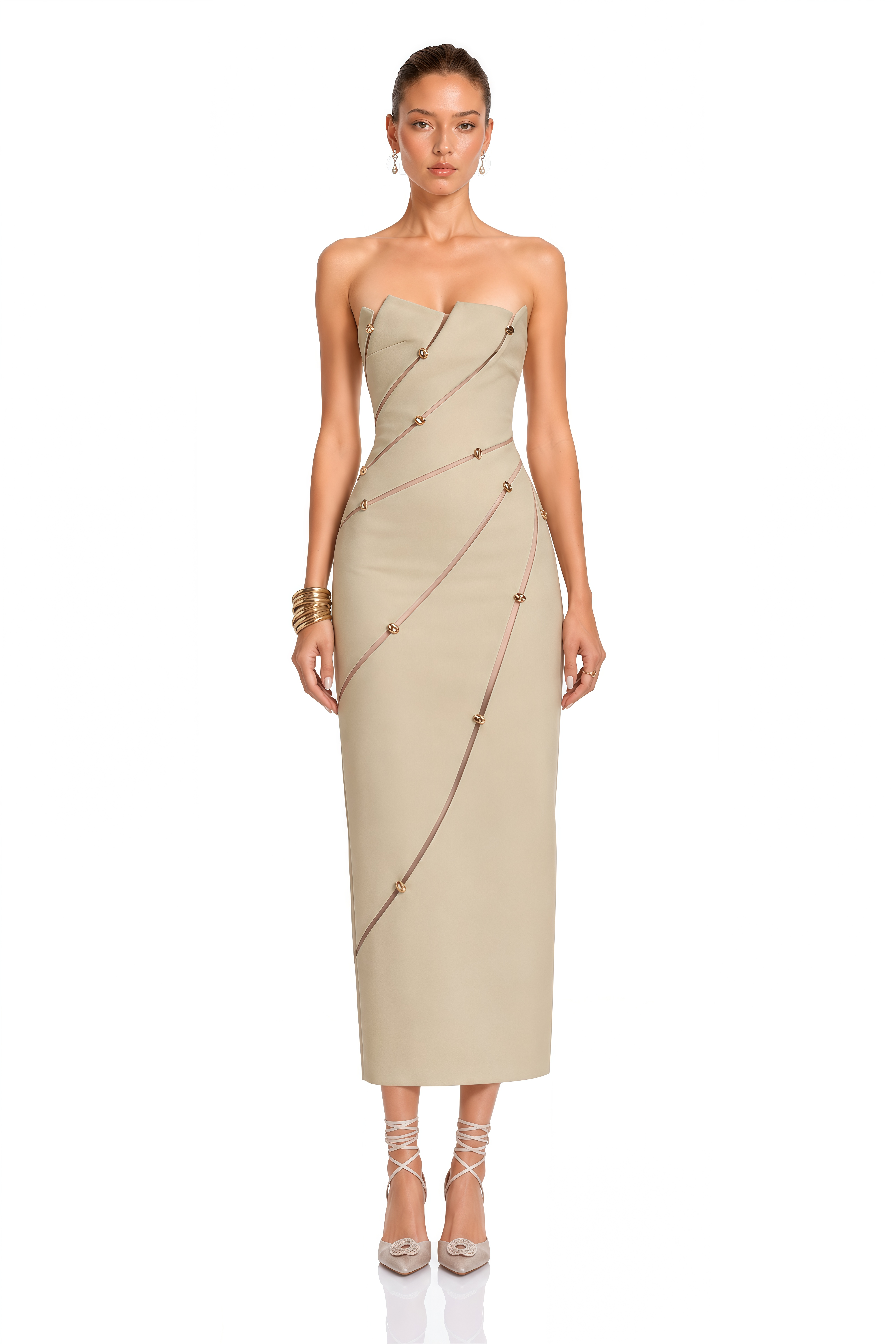 Rowena Khaki Asymmetrical Off Shoulder Midi Dress