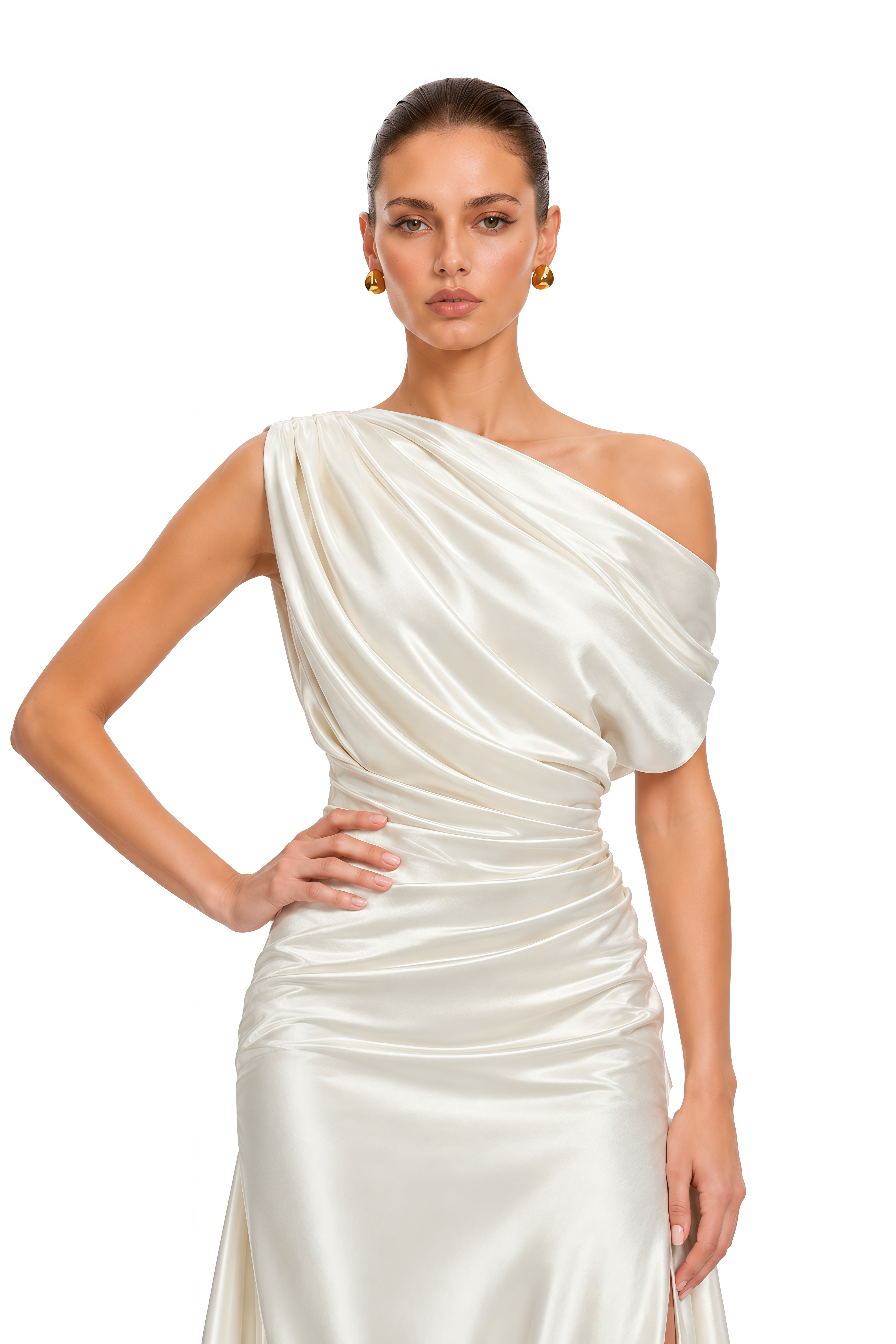 Naia Cream One Shoulder Ruched Maxi Dress with Slit