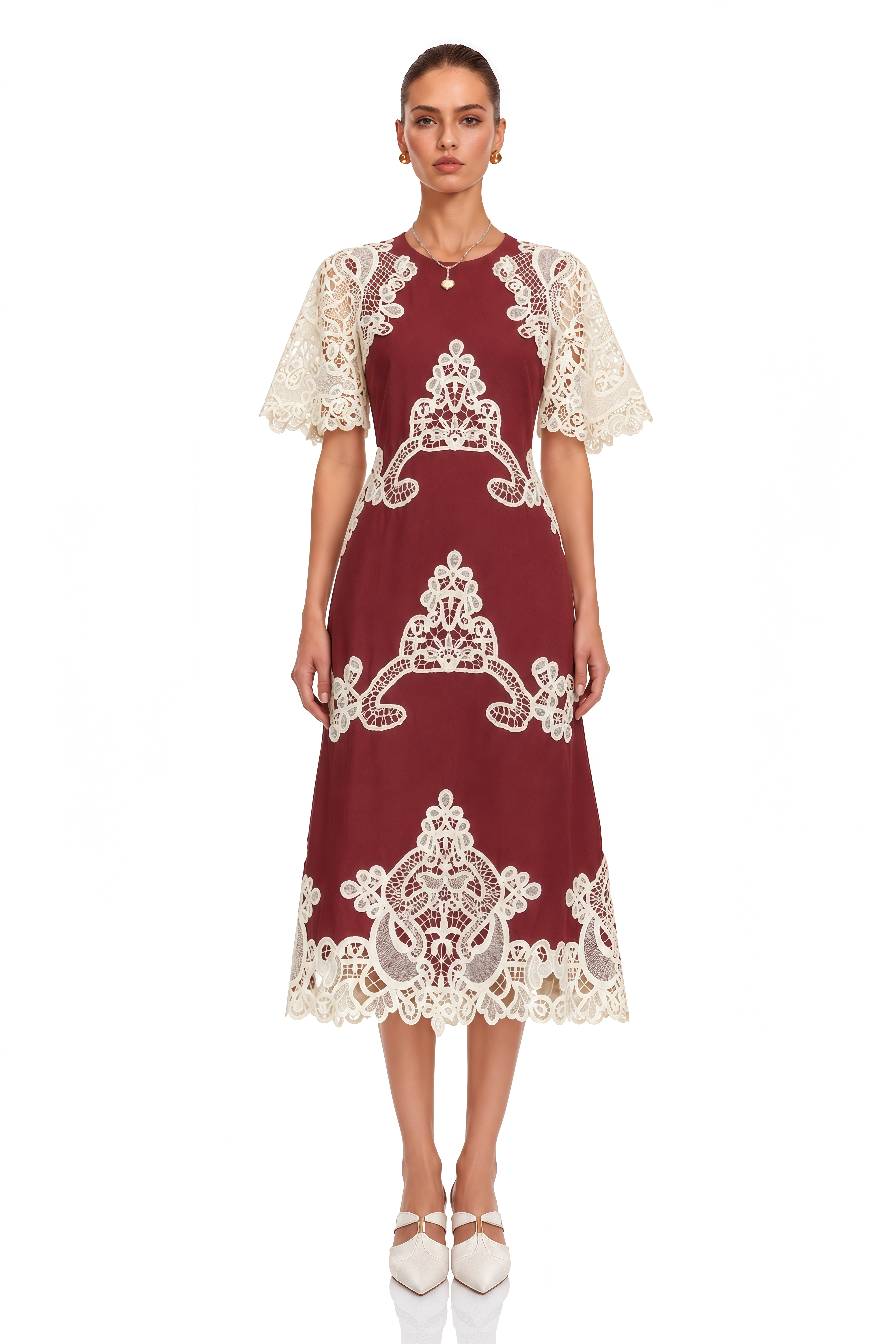 Julia Red Color Block Floral Embroidered Midi Dress