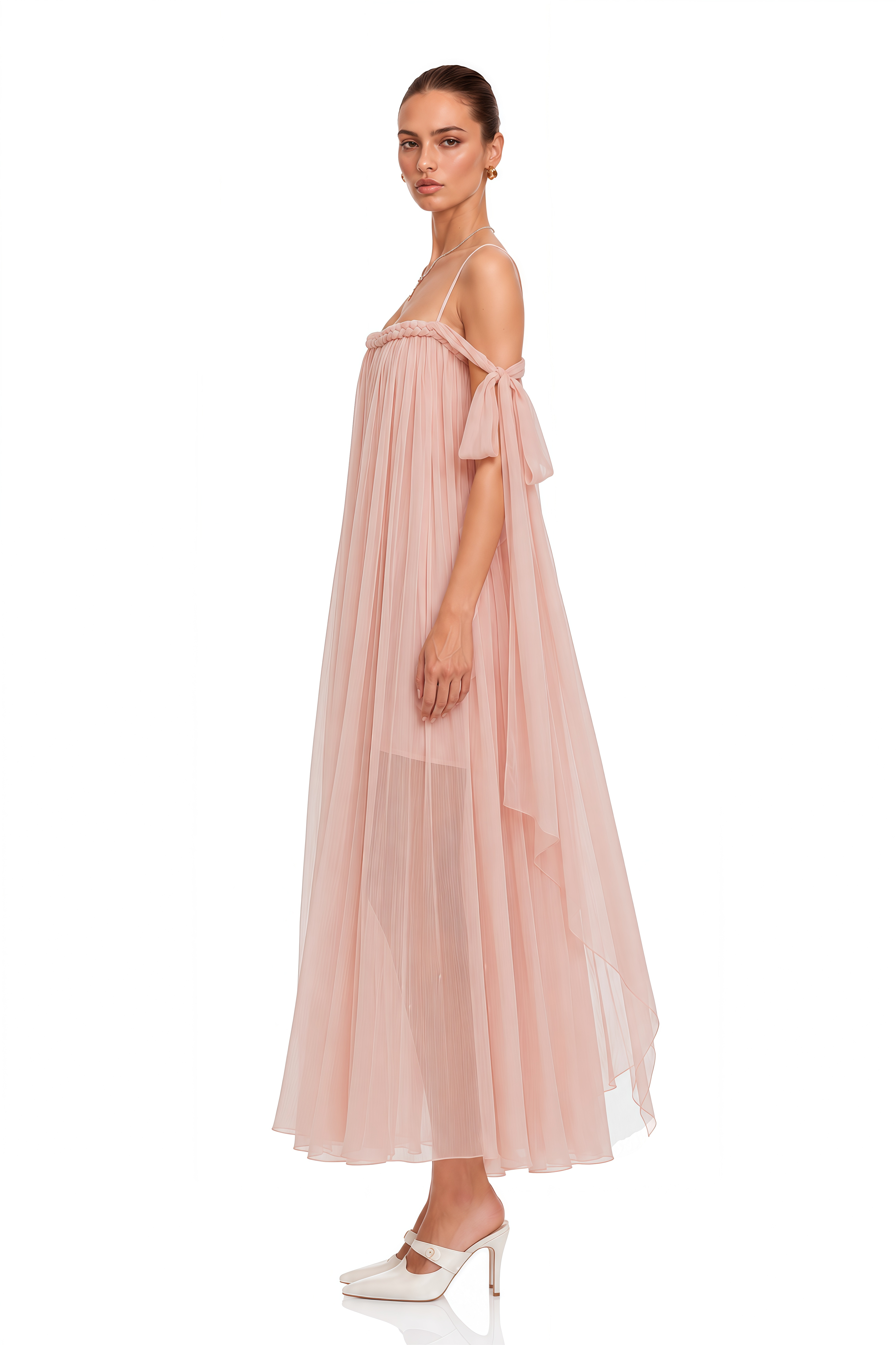 Agathe Pink Braid Detail Pleated Maxi Dress