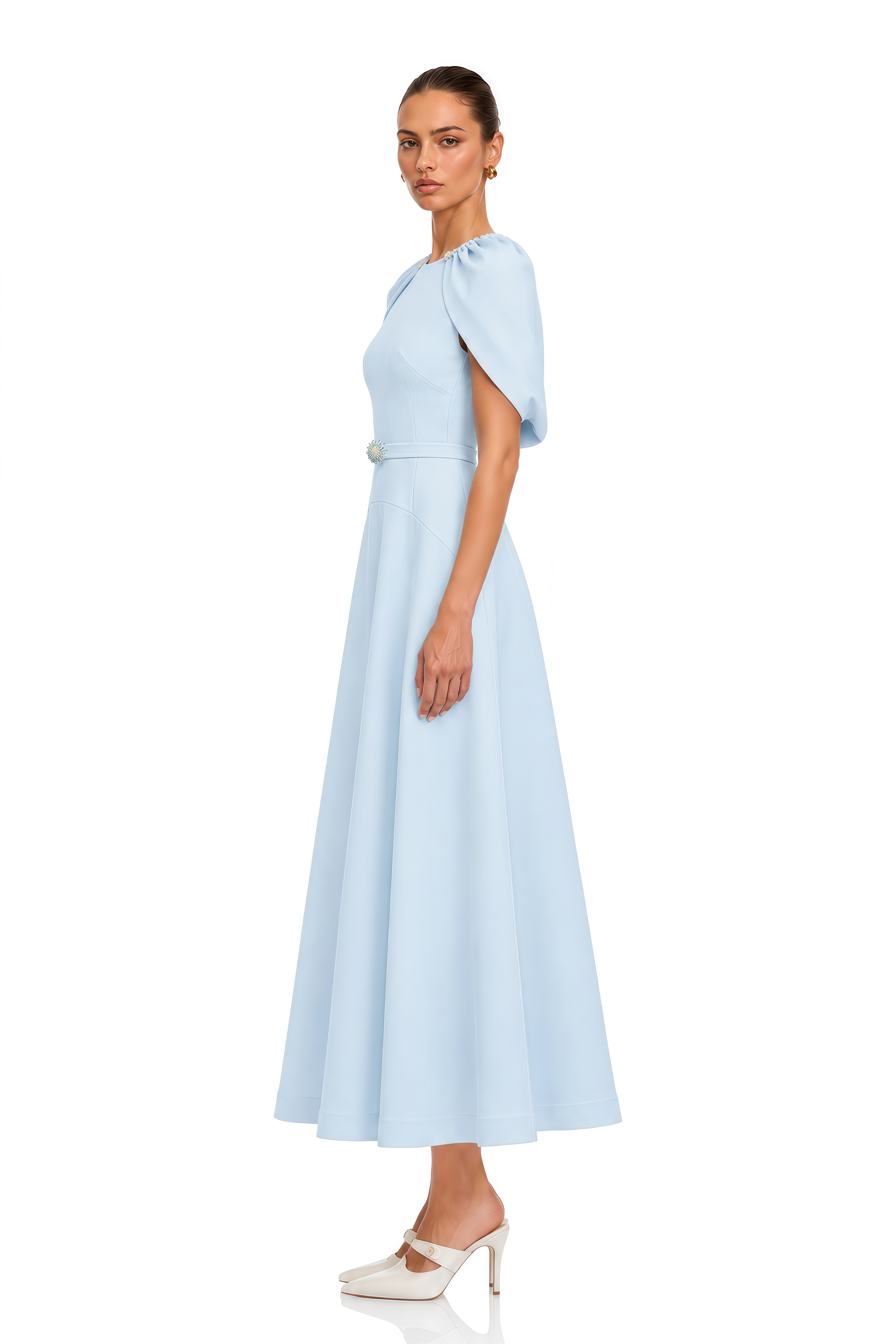 Lina Blue Shawl-Panel Embellished Midi Dress