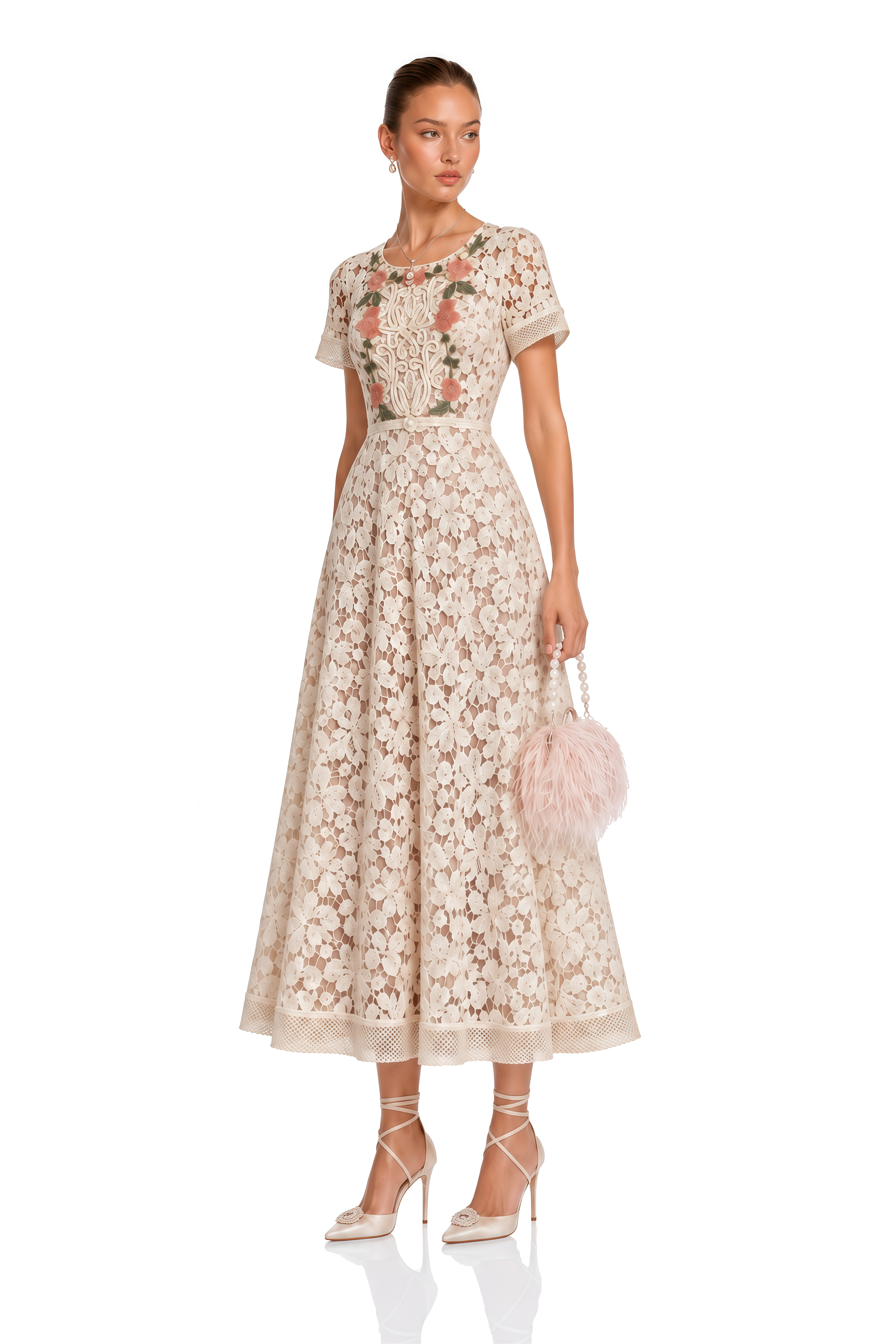 Araminta White Floral Embroidered Lace Midi Dress