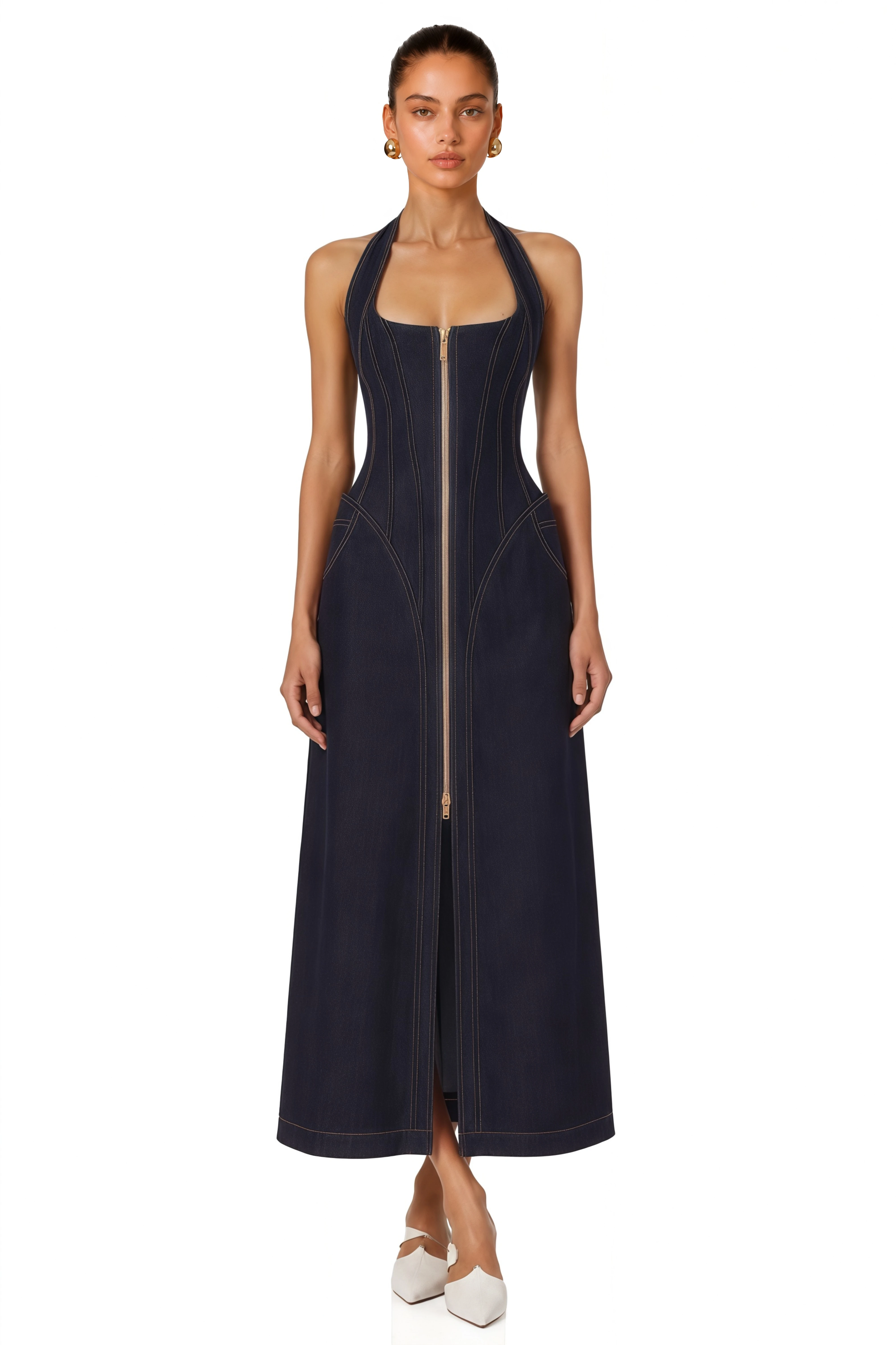 Adrienne Denim Front-Slit Contrast-Stitching Maxi Dress